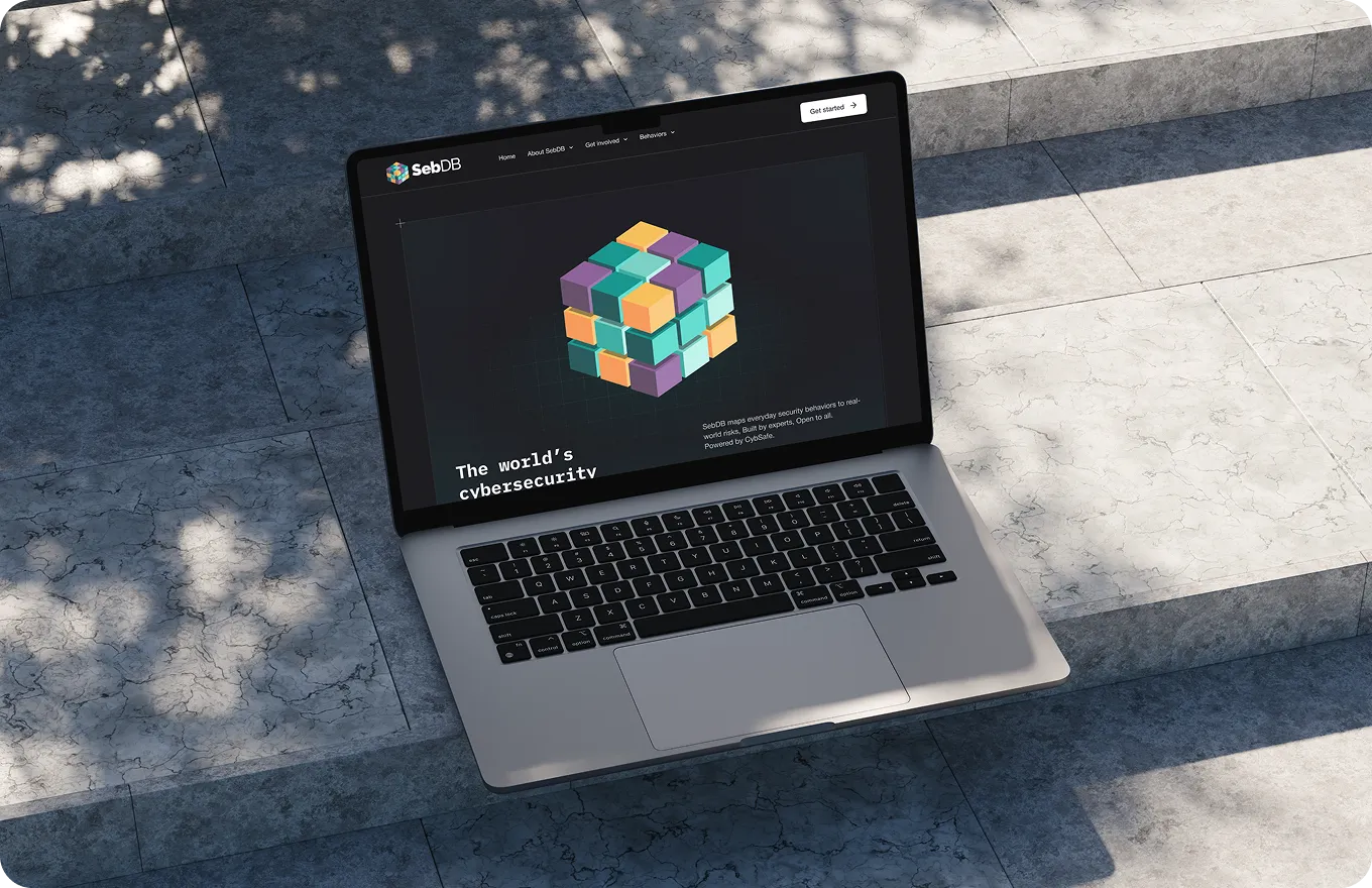 Open laptop on stone steps displaying SebDB cybersecurity website with colorful cube graphic.