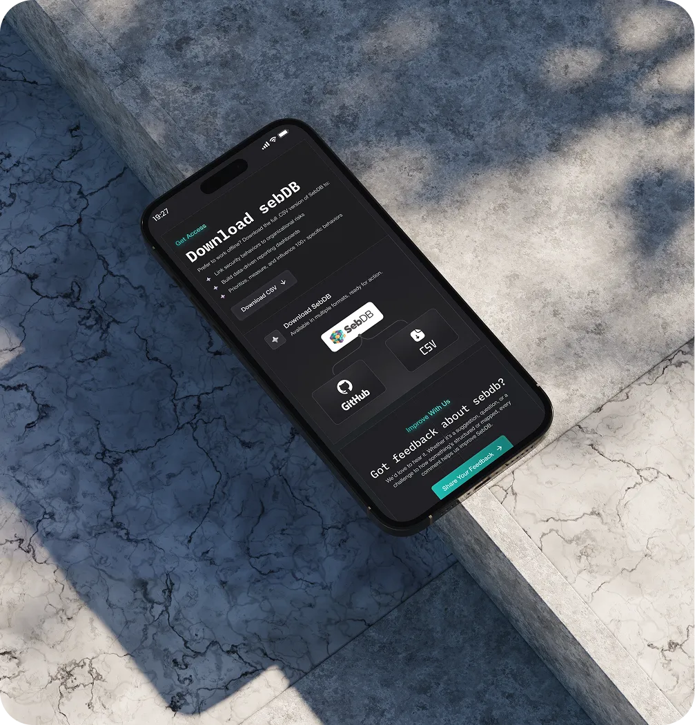 Smartphone lying on stone surface showing a dark-themed app screen to download SebDB via GitHub or CSV.