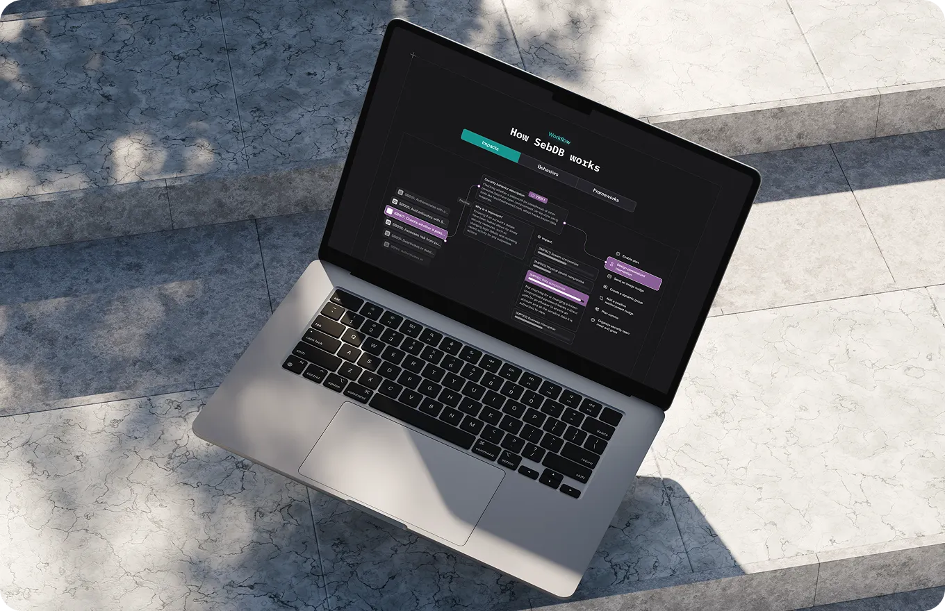 Laptop on outdoor stone steps showing a dark-themed workflow diagram titled 'How SebDB works'.