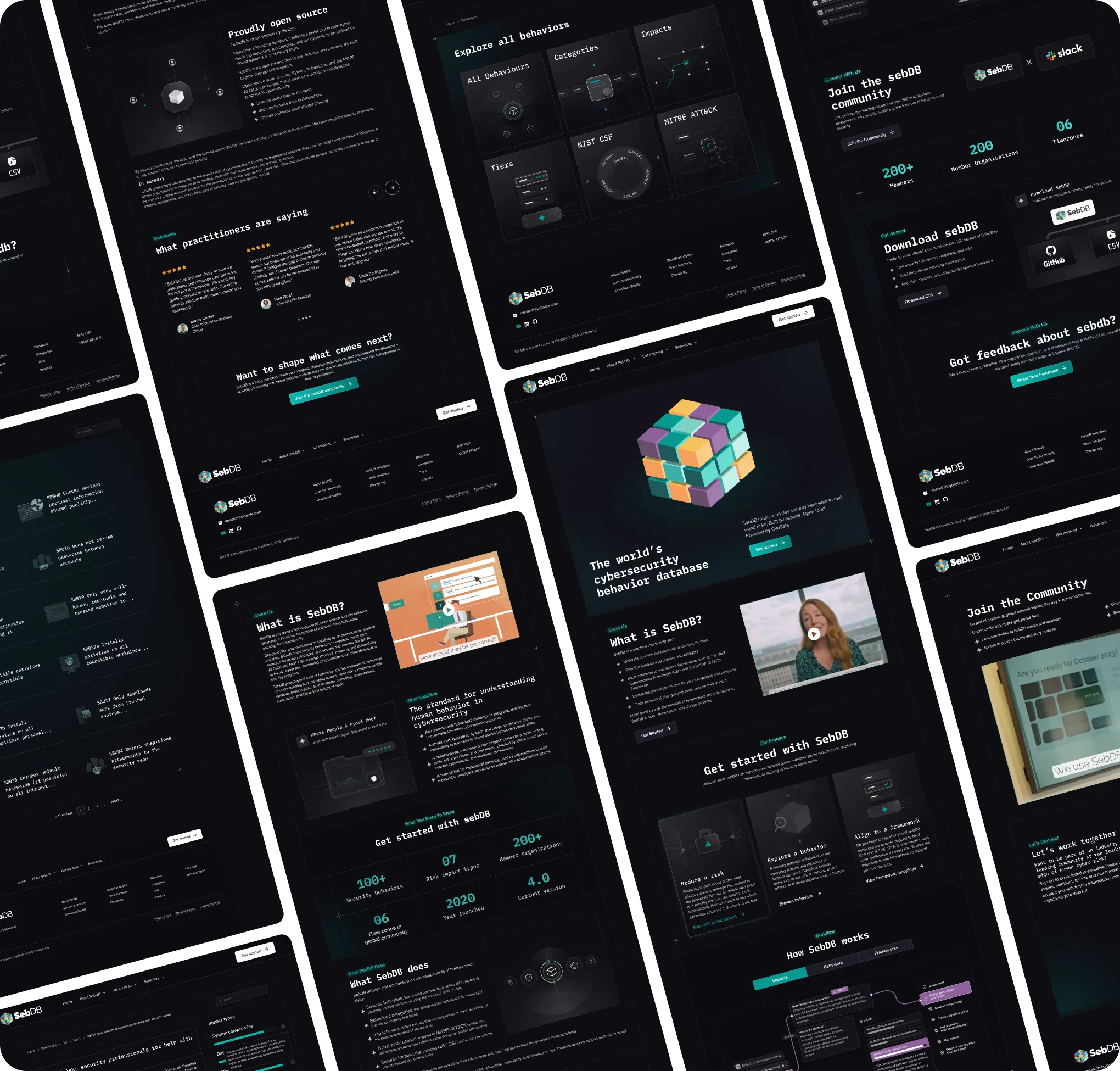 Collage of SebDB cybersecurity database website pages showing features, community, and usage info.