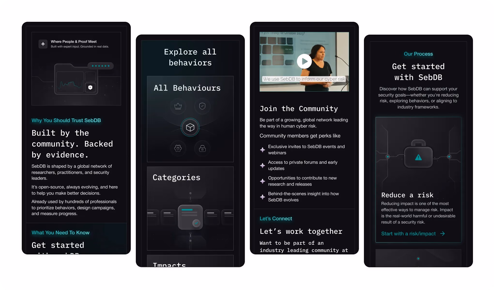 Four dark-themed mobile screens about SebDB community, behaviors, joining perks, and risk reduction process.