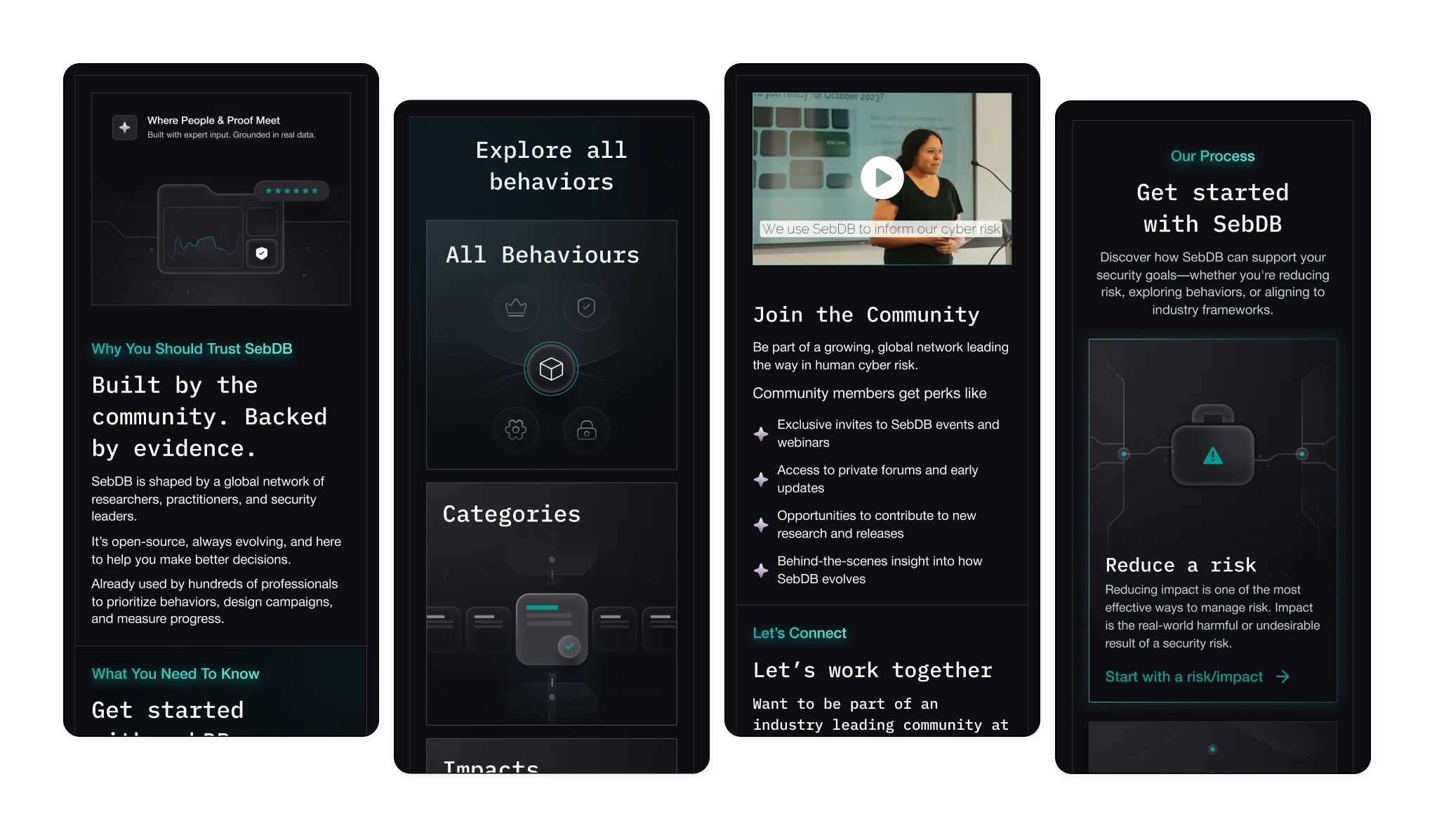 Four dark-themed mobile screens about SebDB community, behaviors, joining perks, and risk reduction process.