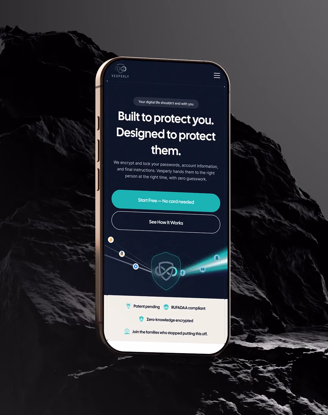 Smartphone displaying Vesperly app homepage with password protection and encryption features.