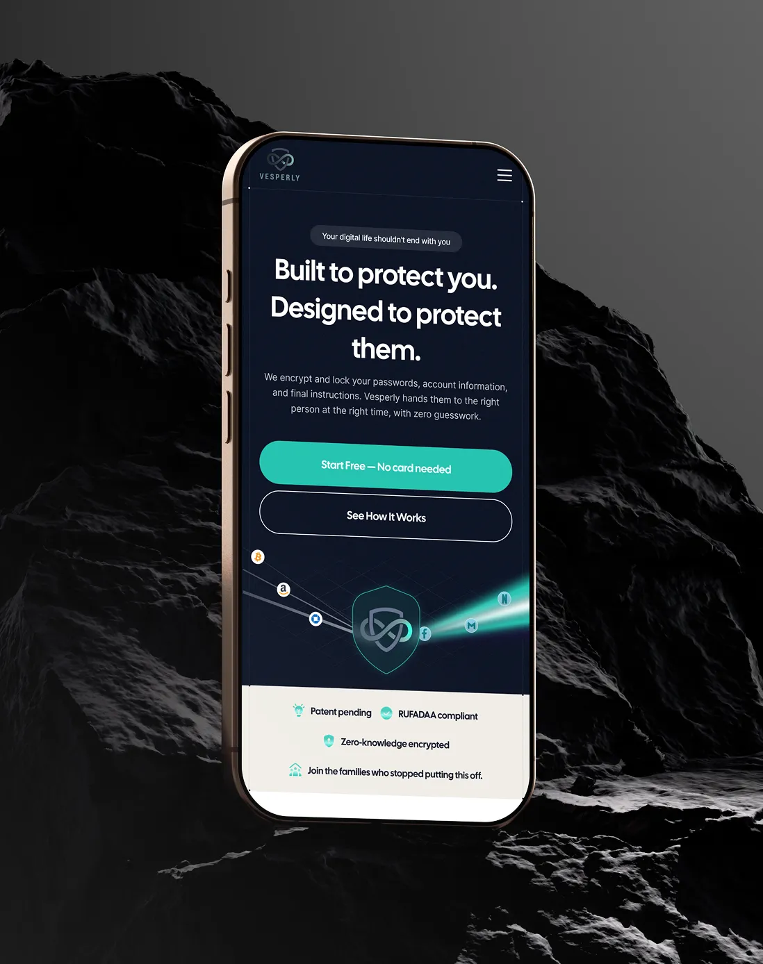 Smartphone displaying Vesperly app homepage with password protection and encryption features.