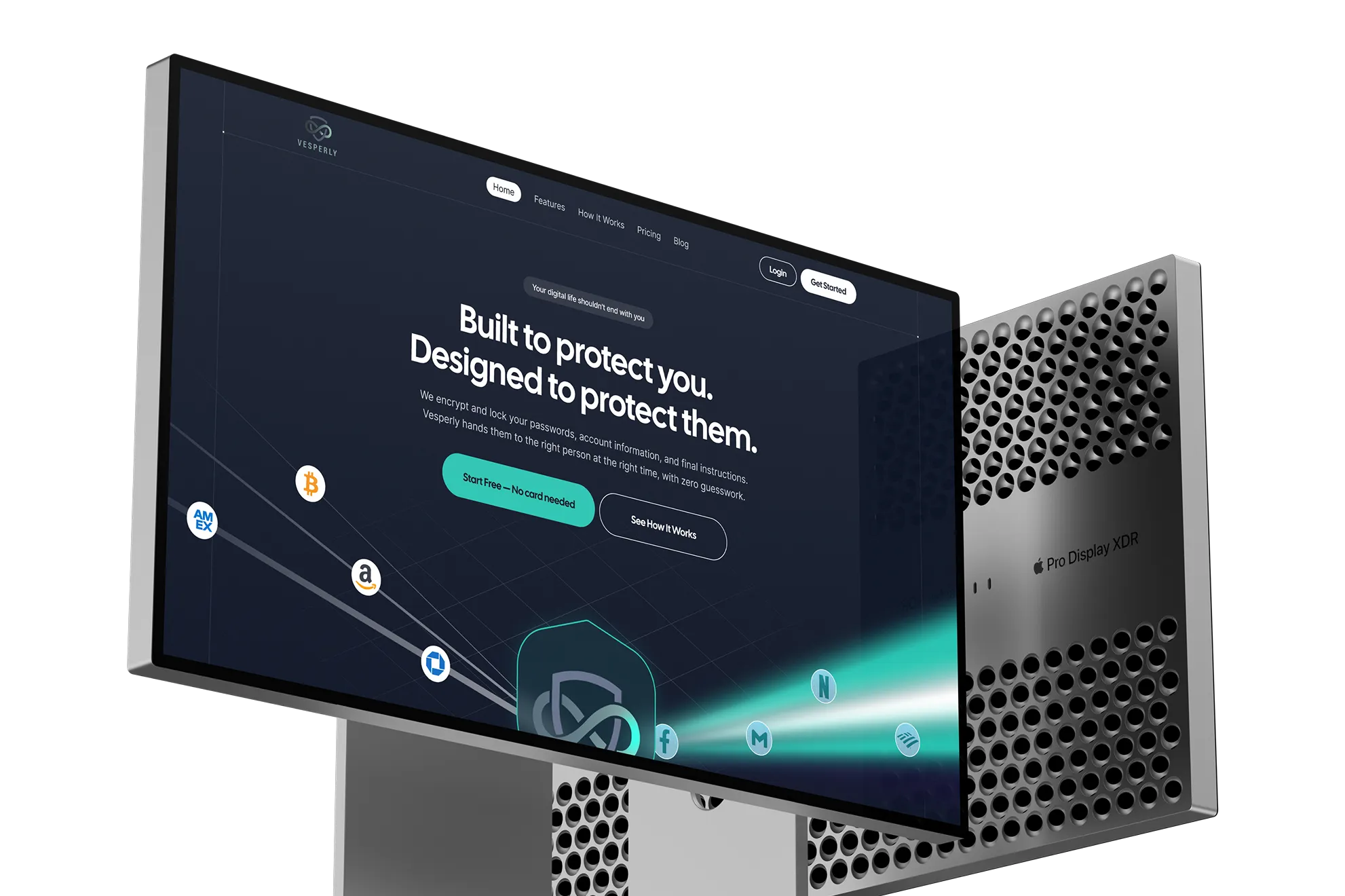 Apple Pro Display XDR showing a website with secure password protection message and app icons.