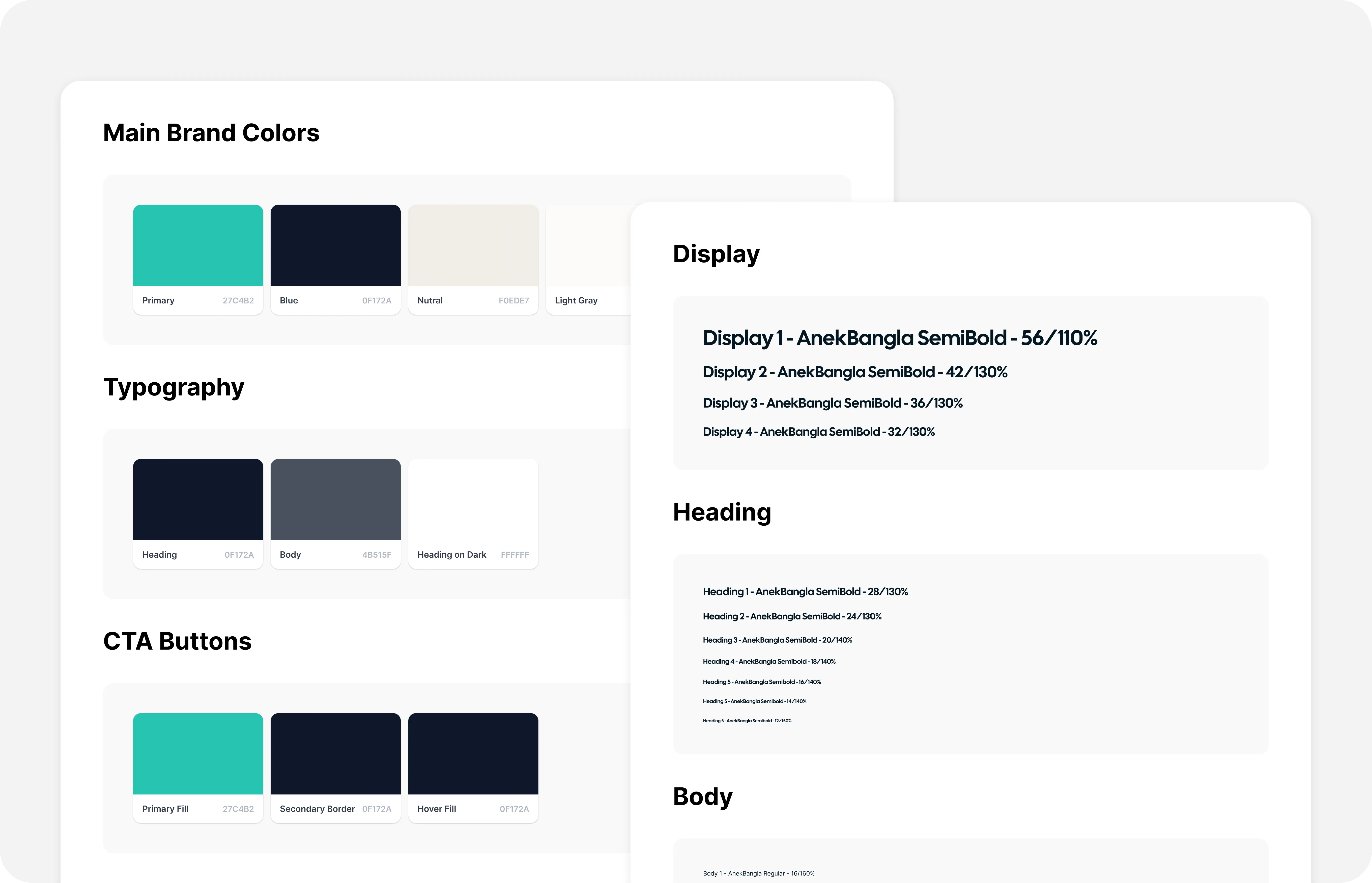 Brand style guide showing main colors, typography, and call-to-action button color styles.