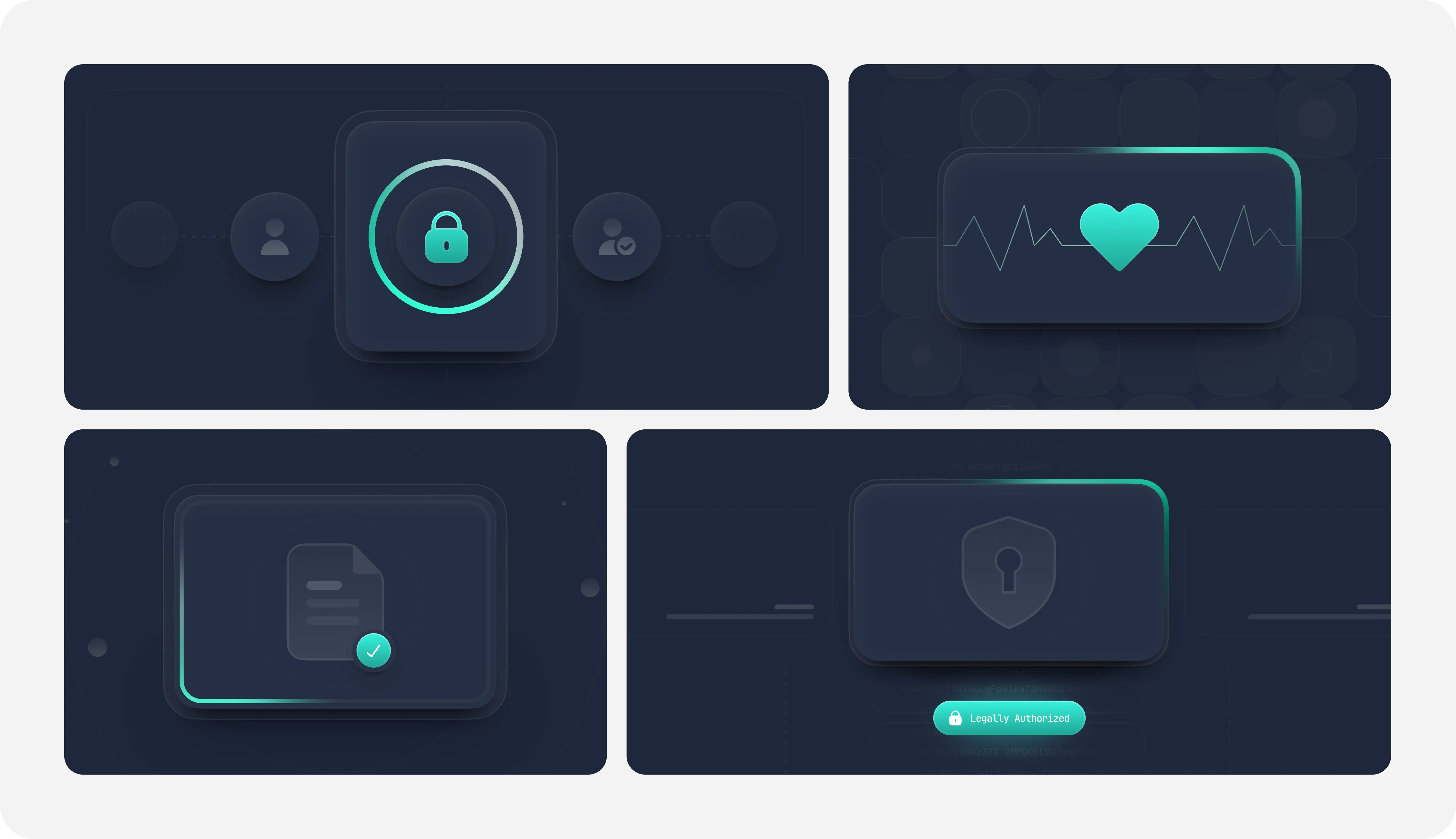 User security and authorization icons including lock, shield, document, heart, and 'Legally Authorized' badge.