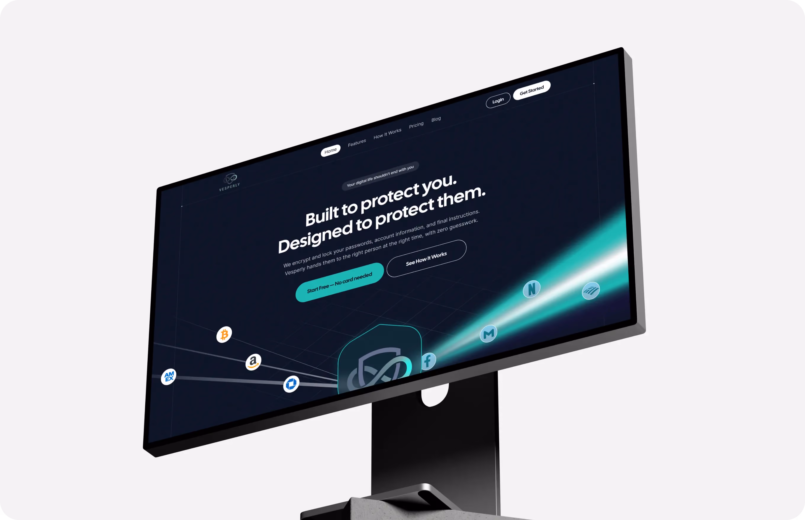 Computer screen showing Vesperly site: Protects your digital life, encrypts passwords, and shares data securely.