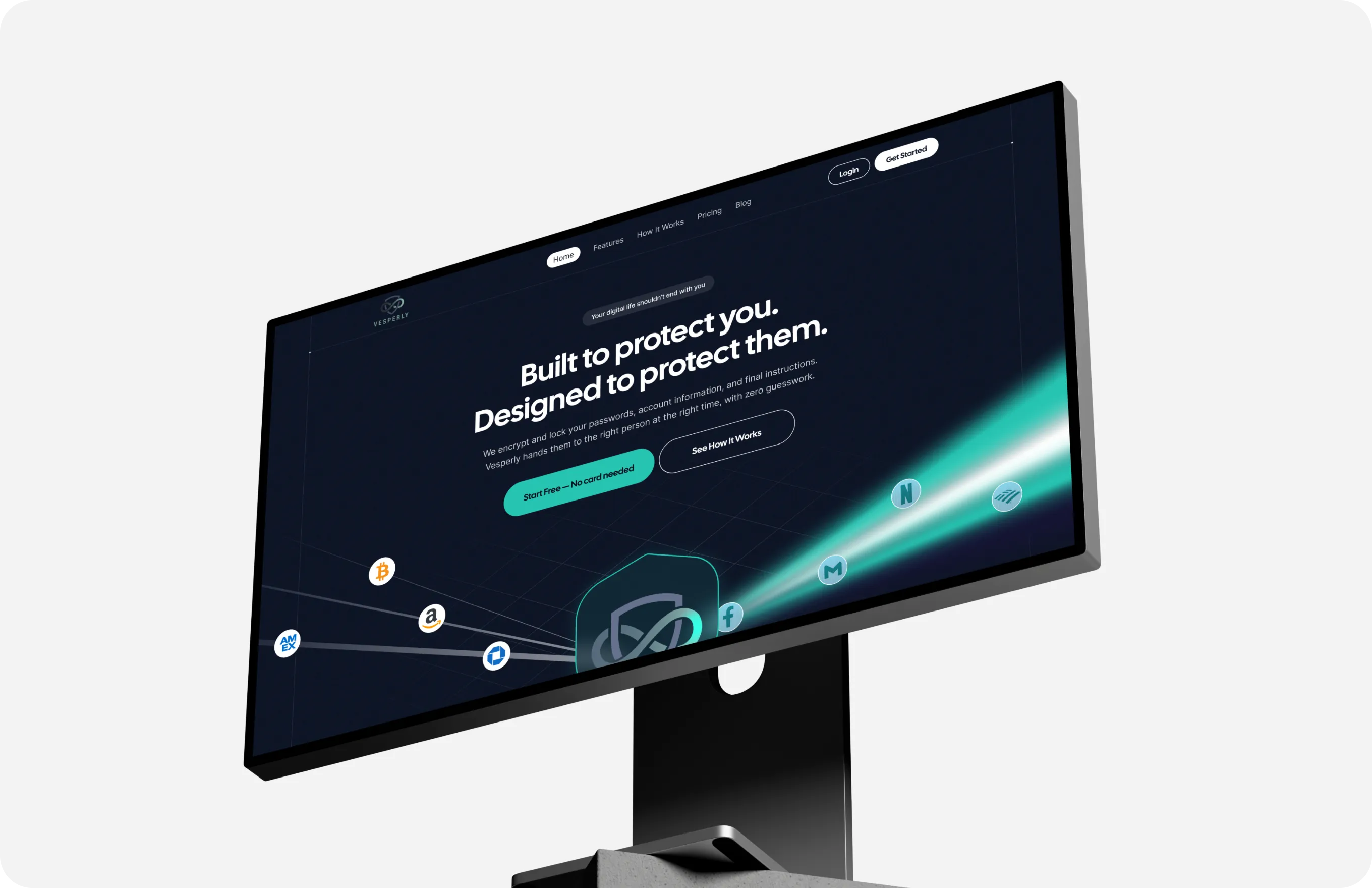 Computer screen showing Vesperly site: Protects your digital life, encrypts passwords, and shares data securely.