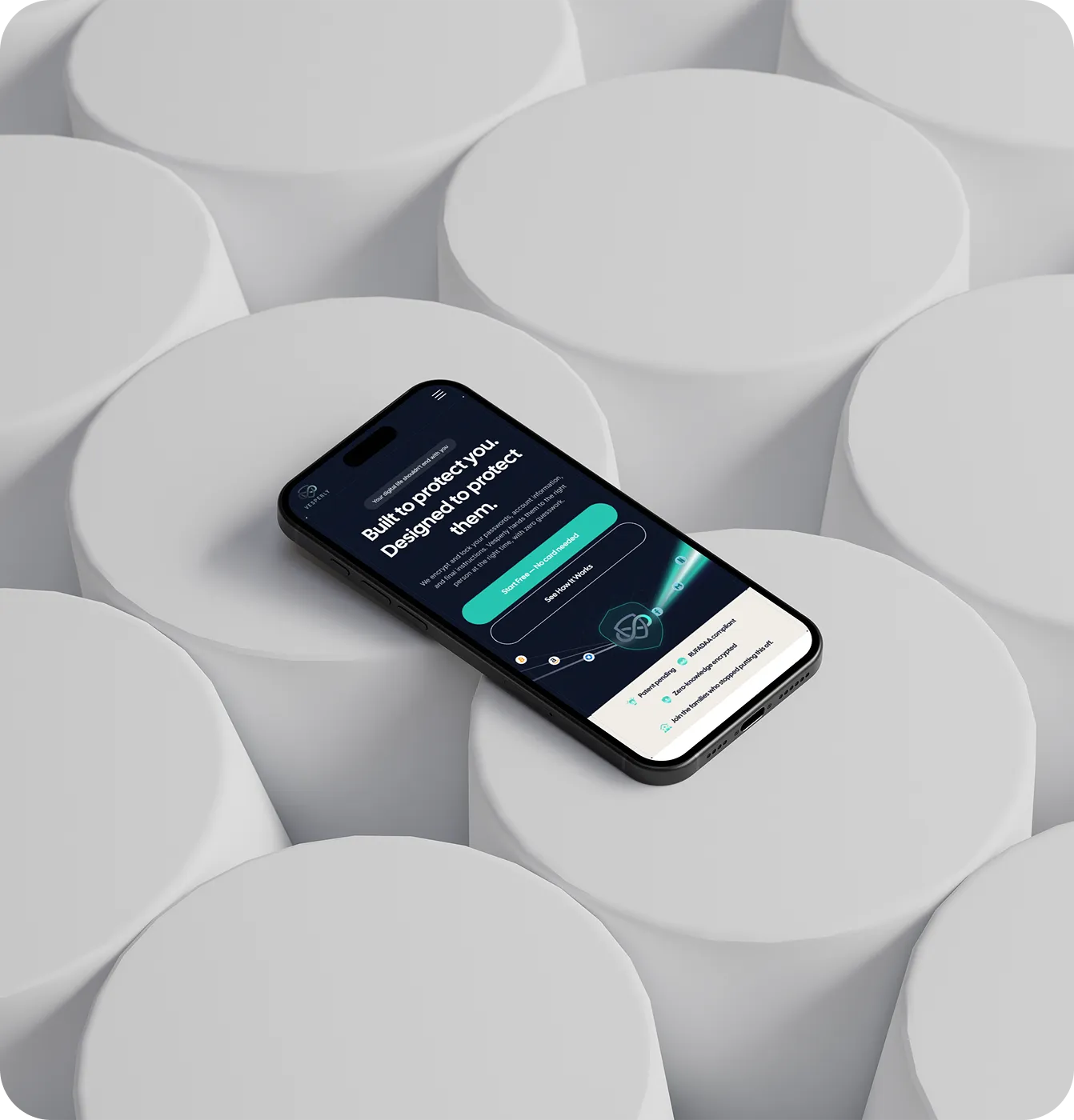 Smartphone displaying a security app screen with text and icons on white cylindrical shapes background.