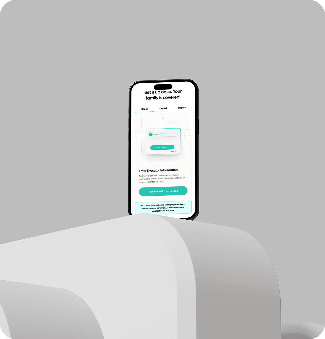 Smartphone on a white surface showing a family security app setup screen with steps and info.