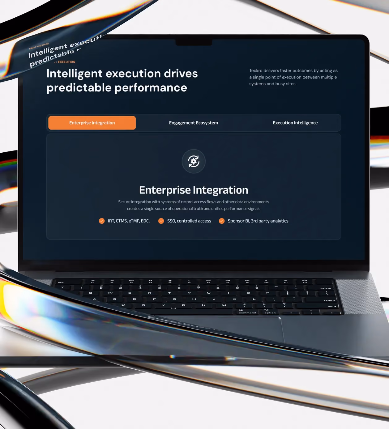 Laptop screen showing a webpage about intelligent execution and enterprise integration features.