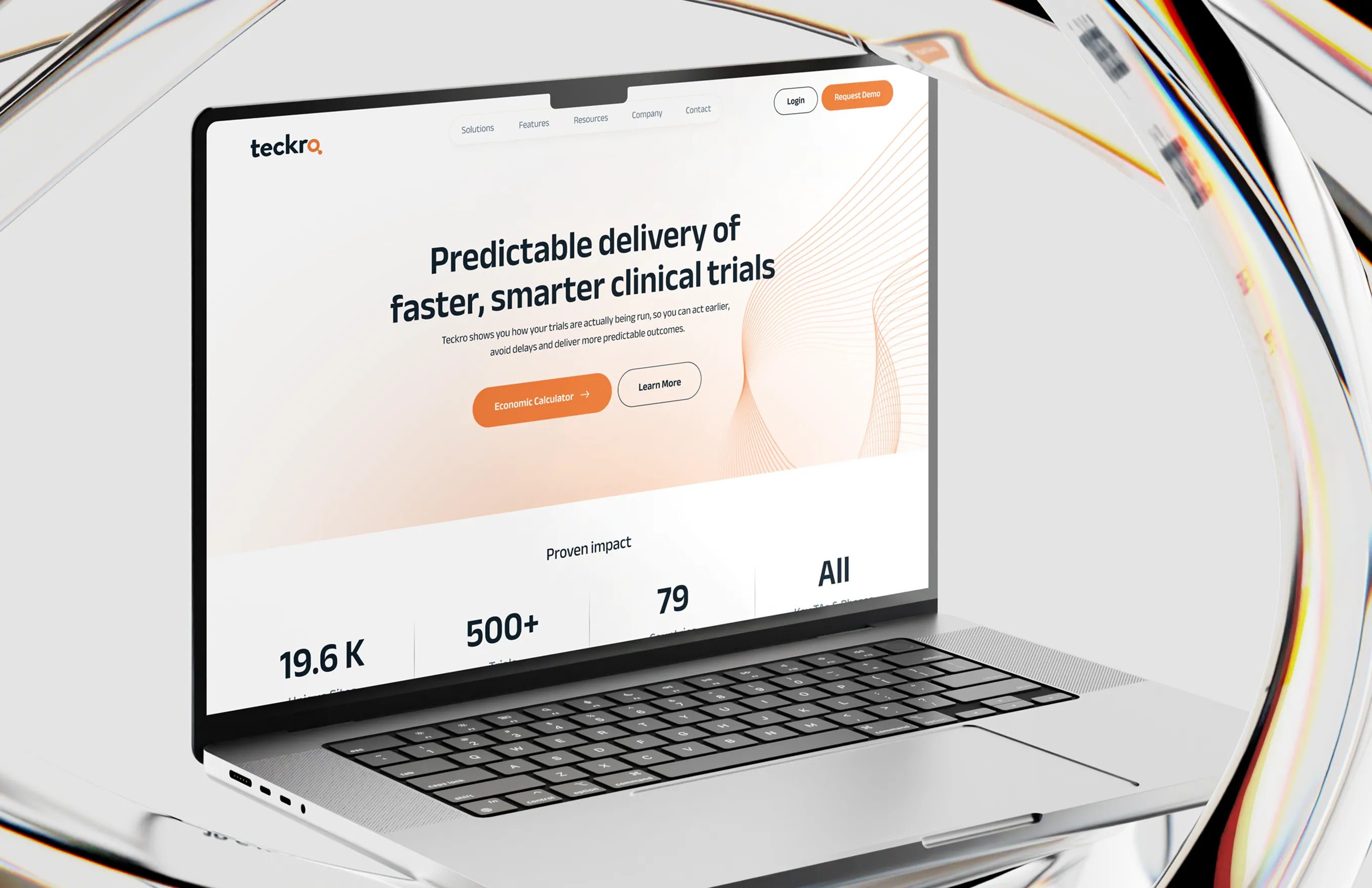 Laptop screen shows Teckro website about faster, smarter clinical trials with stats and action buttons.