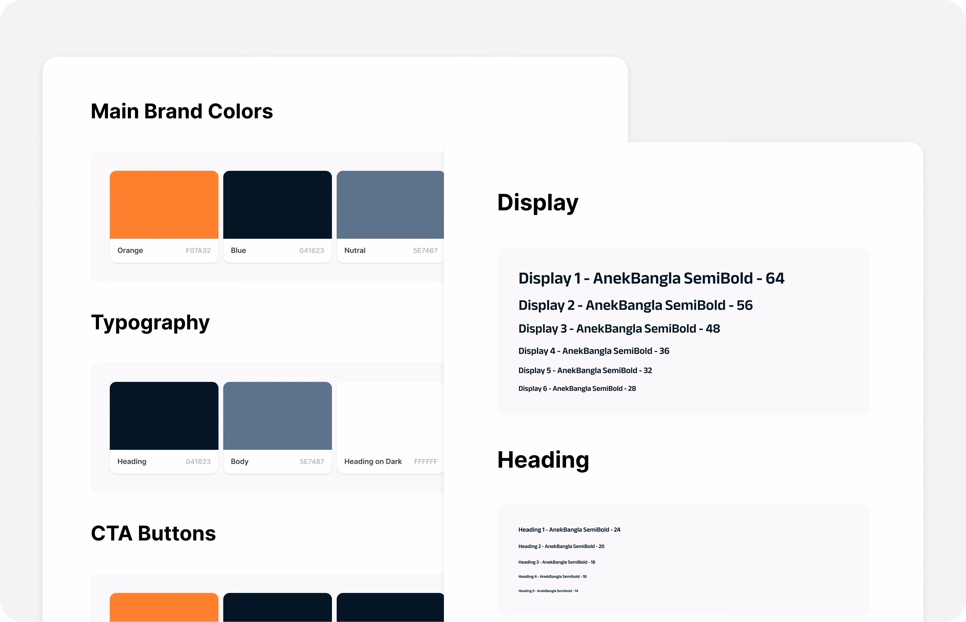Brand color palette with orange, blue, neutral colors, typography samples, and font sizes for display and headings.