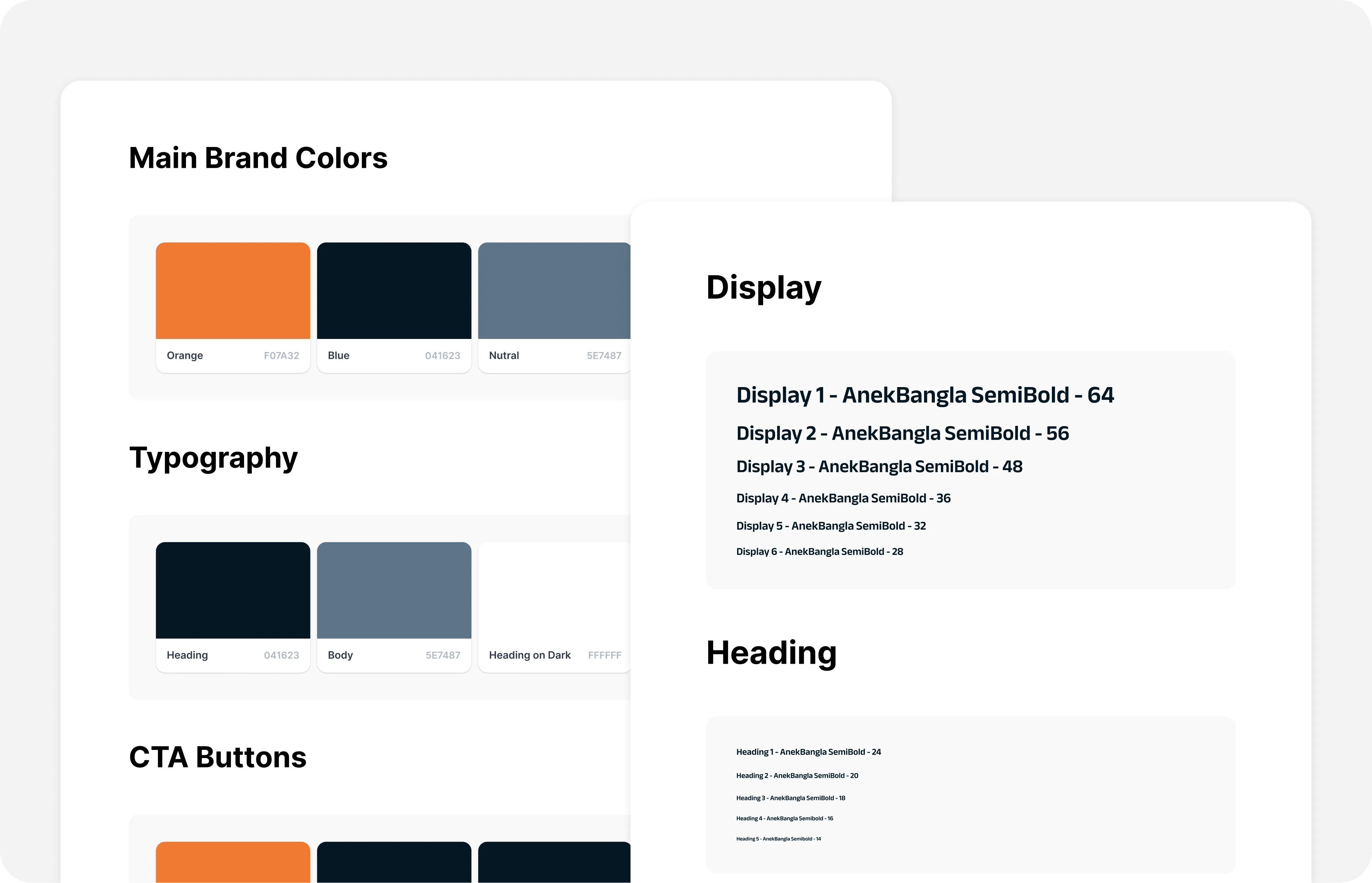Brand color palette with orange, blue, neutral colors, typography samples, and font sizes for display and headings.