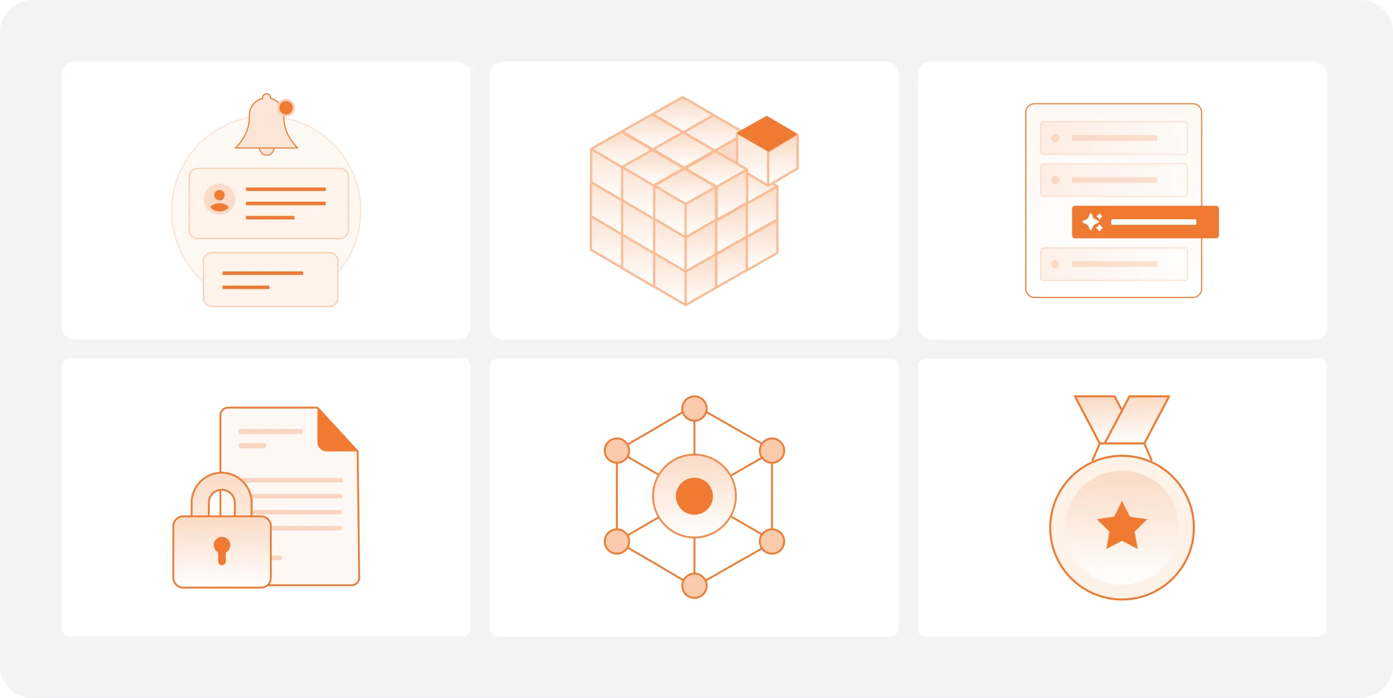 Six orange line icons: notification, cube, form with highlight, locked document, network, and medal with star.