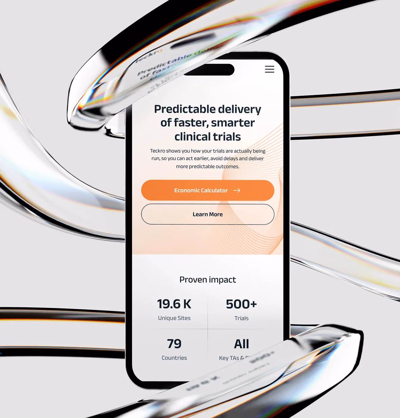 Smartphone screen shows clinical trials info with Economic Calculator and Learn More buttons.