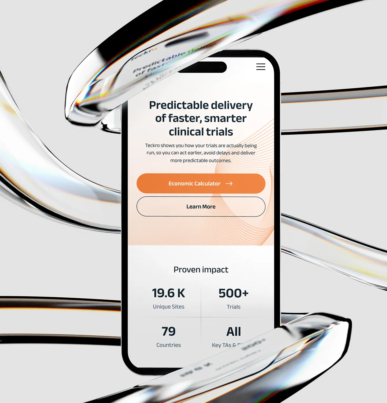 Smartphone screen shows clinical trials info with Economic Calculator and Learn More buttons.