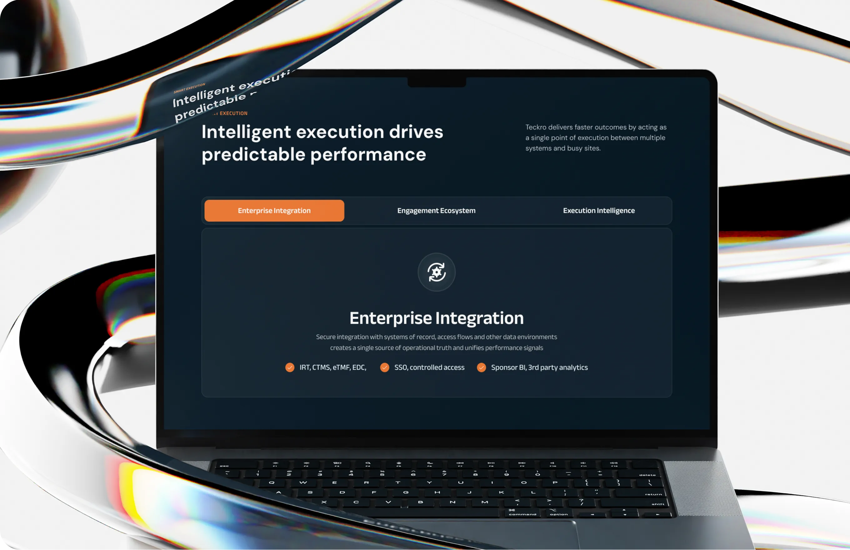 Laptop screen shows Enterprise Integration section about secure system integration for operational truth.