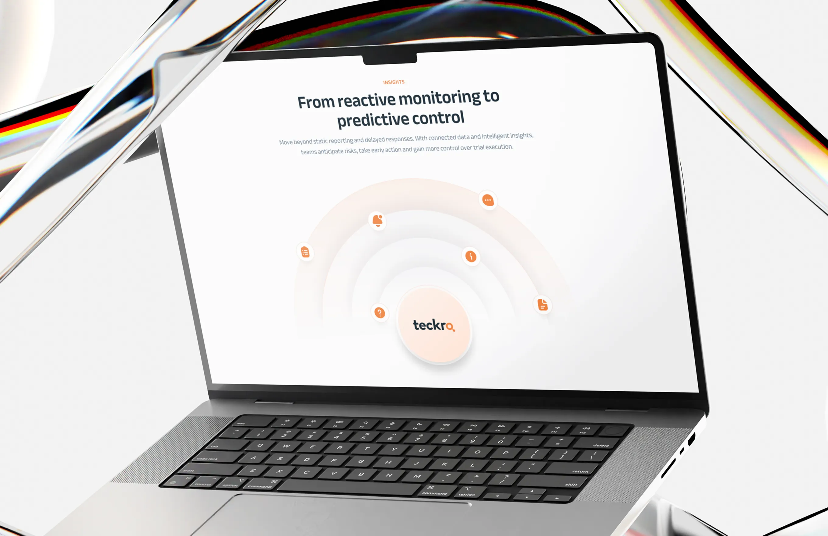 Laptop showing Teckro's page titled From reactive monitoring to predictive control with a circular icon layout.