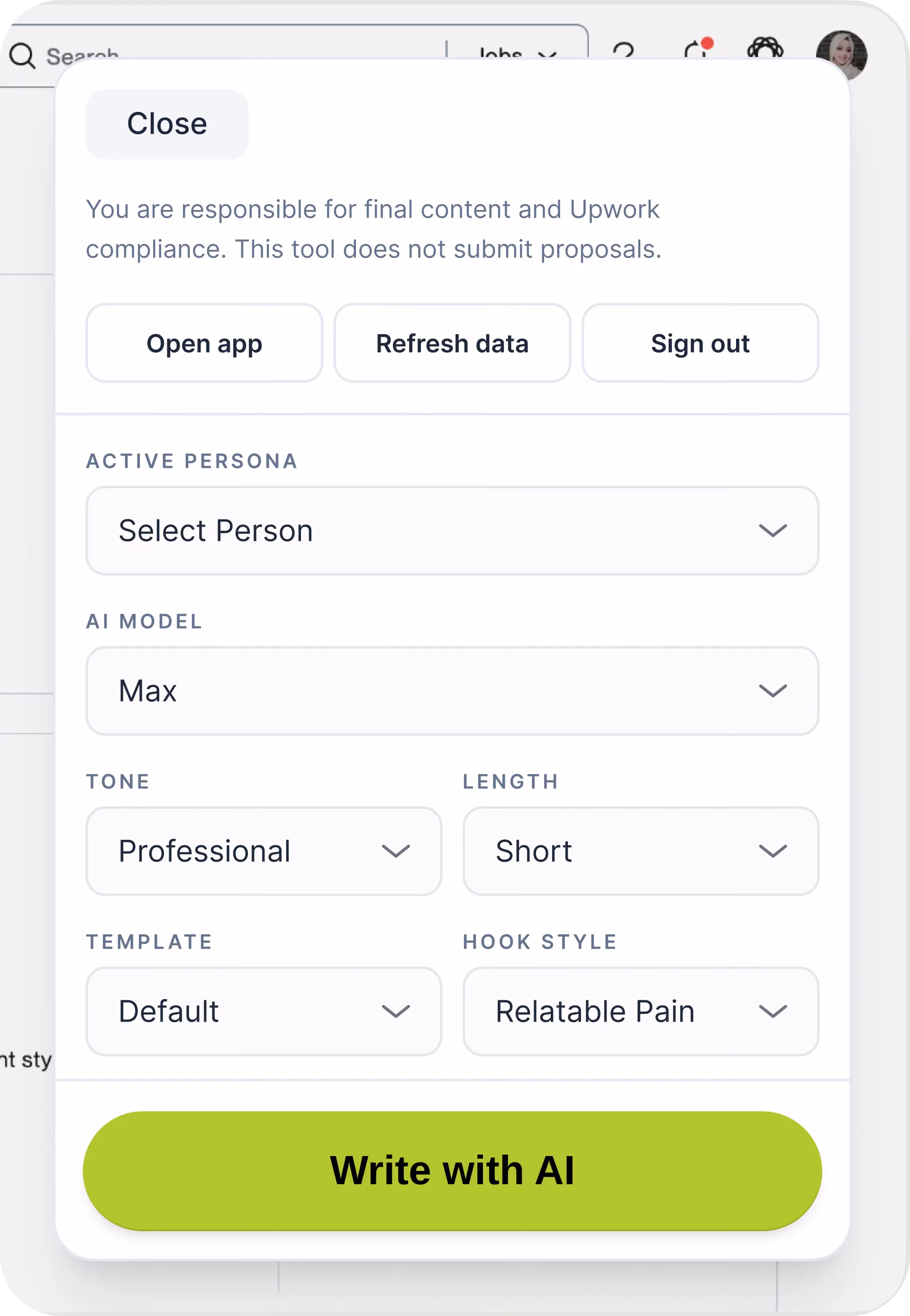 AI writing tool interface showing persona, model, tone, length, template, hook style, and Write with AI button.