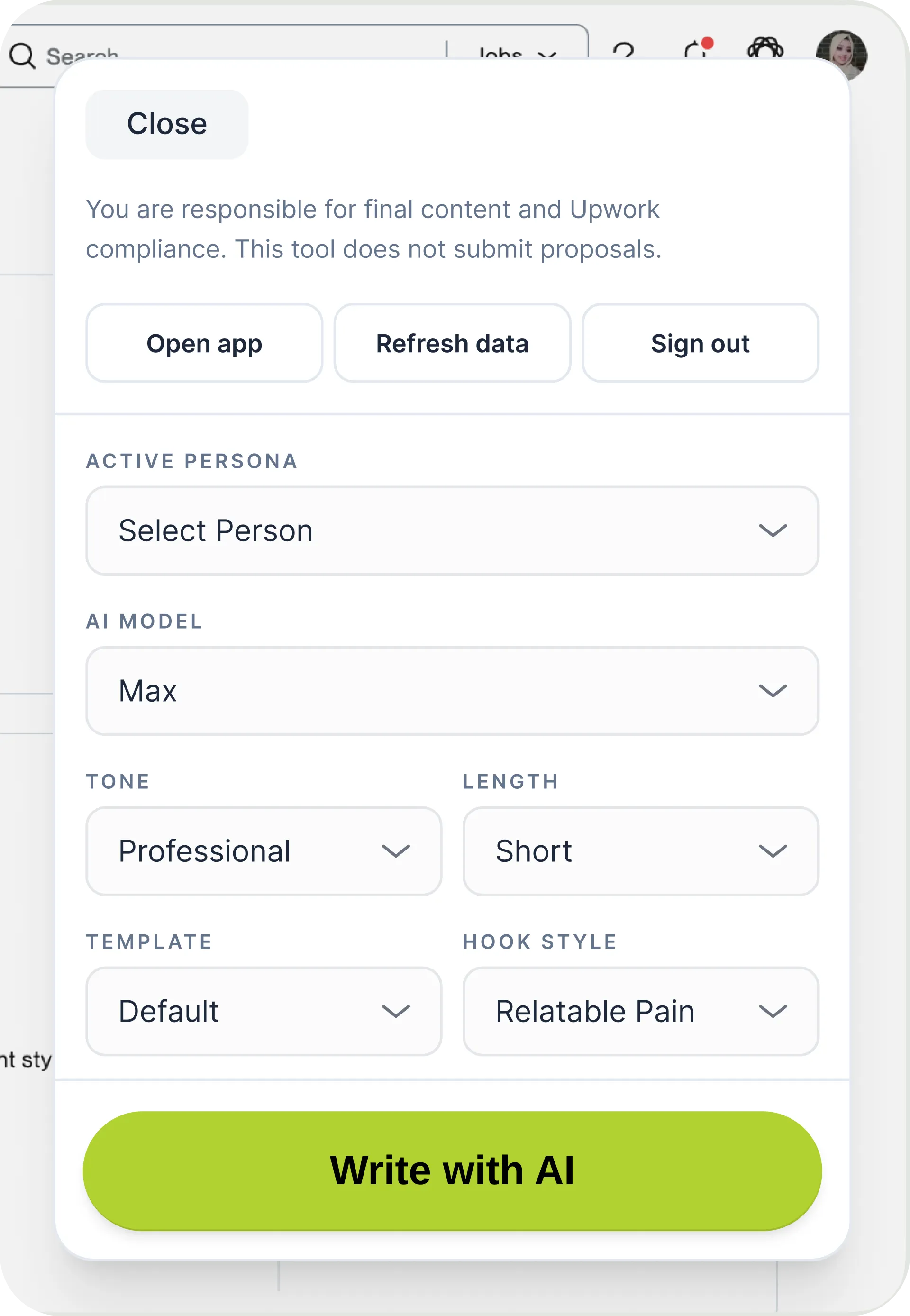 AI writing tool interface showing persona, model, tone, length, template, hook style, and Write with AI button.