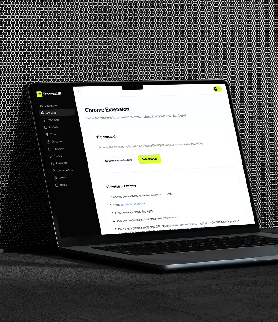 Laptop screen showing Chrome extension setup instructions for ProposalLift with a dark side menu.