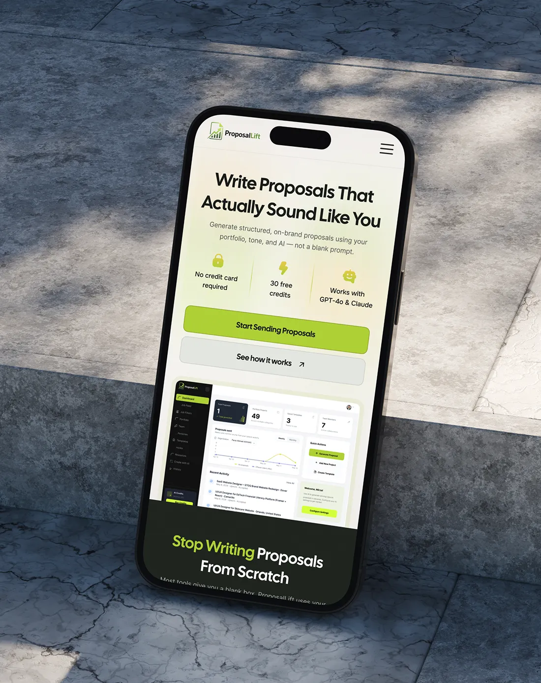 Smartphone screen showing ProposalLift app interface for writing personalized proposals with AI support.