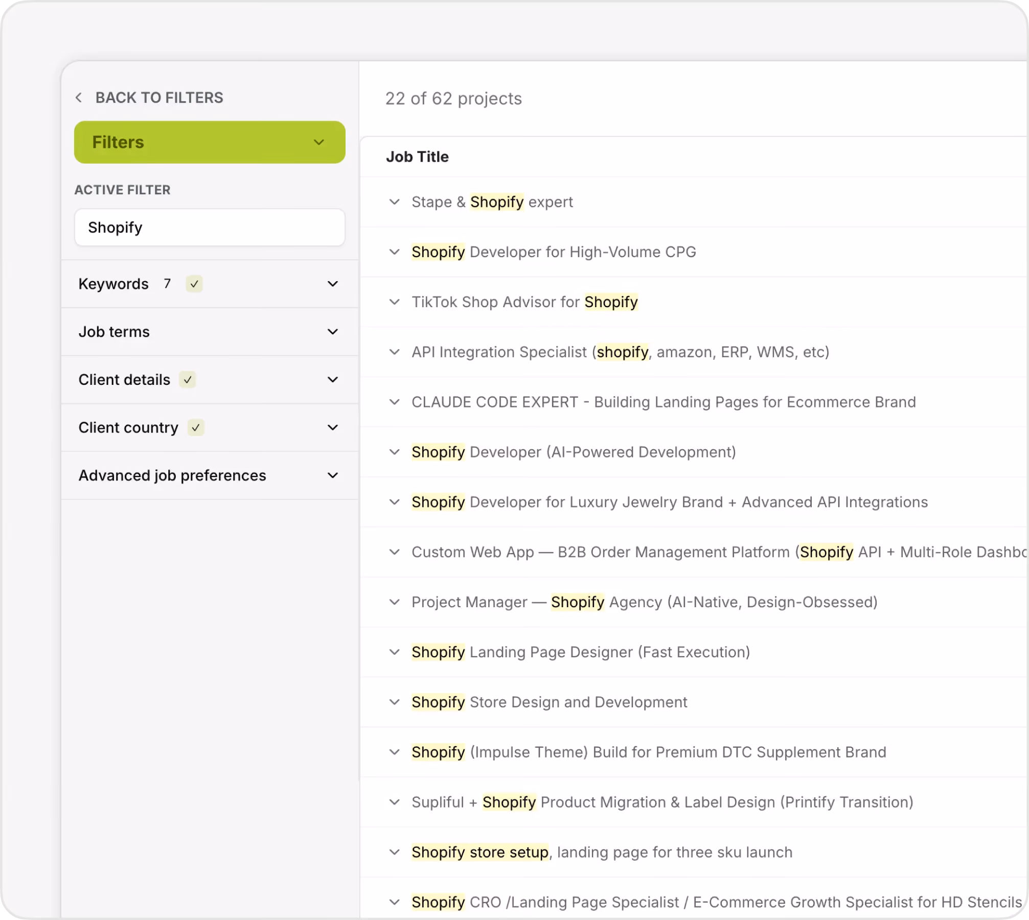 Job filter screen showing 22 Shopify projects with various job titles and filter options on left panel.