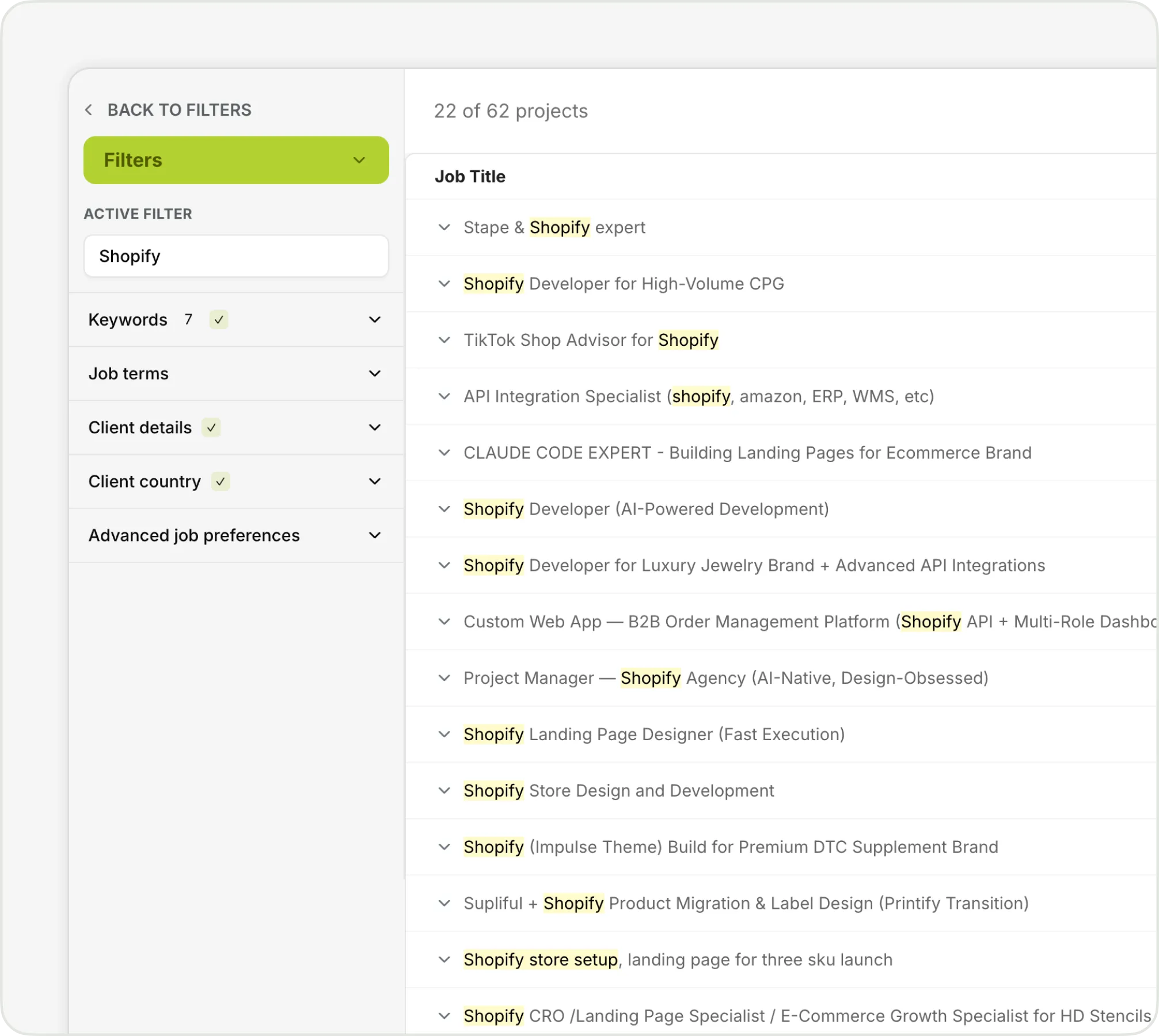 Job filter screen showing 22 Shopify projects with various job titles and filter options on left panel.