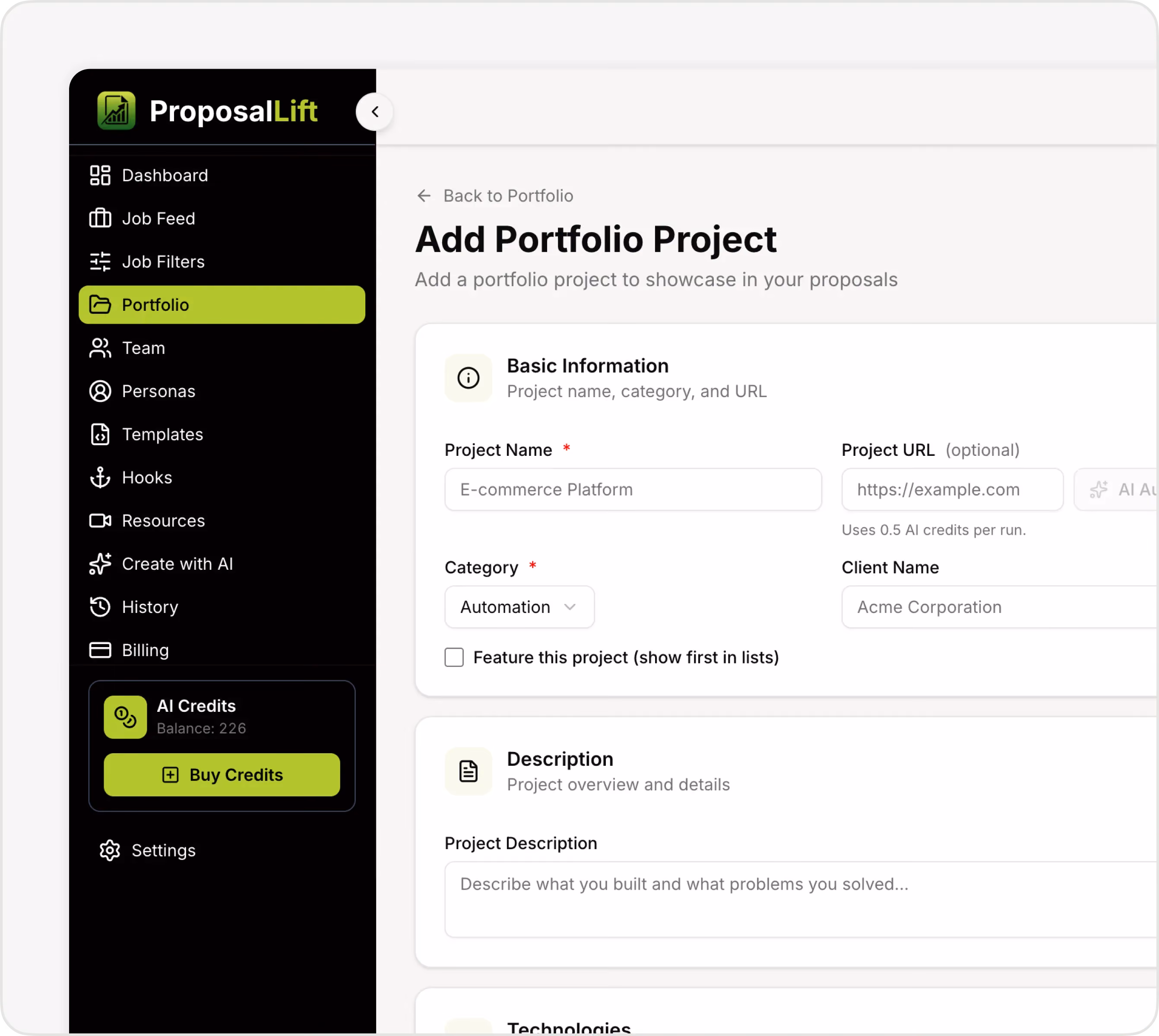 Dashboard screen of ProposalLift showing Add Portfolio Project form with fields for name, URL, category, and description.