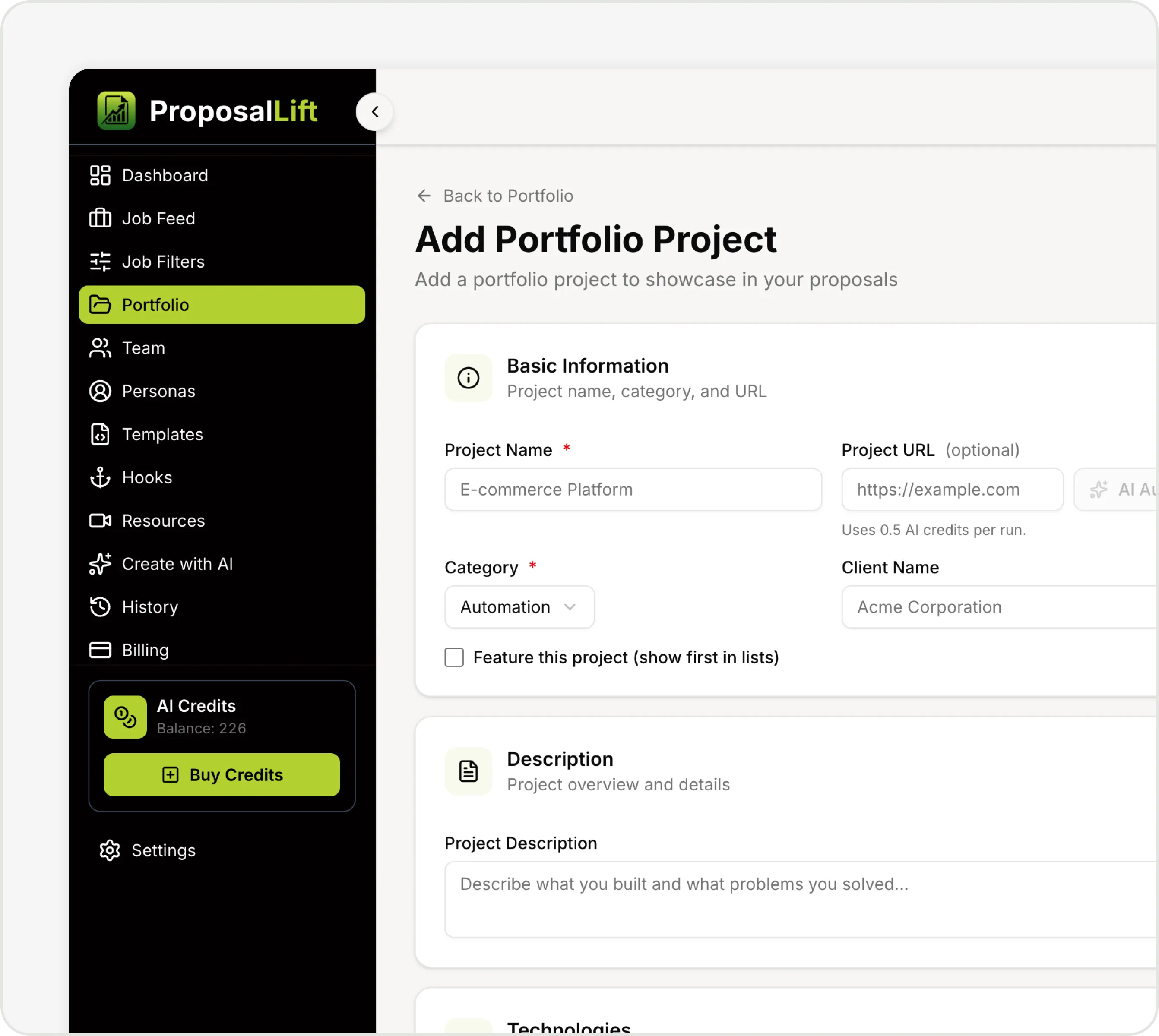Dashboard screen of ProposalLift showing Add Portfolio Project form with fields for name, URL, category, and description.