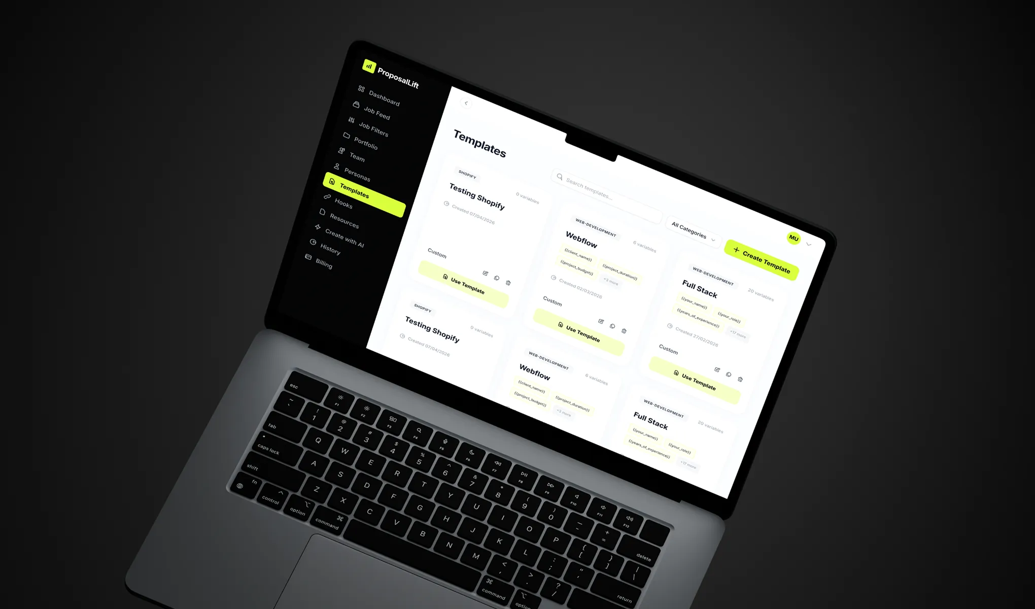 Open laptop showing ProposalLift app with Templates menu and options for Shopify, Webflow, and Full Stack.