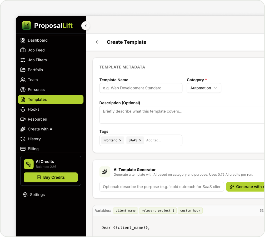ProposalLift app interface showing template creation form with metadata, AI generator, and sidebar menu.