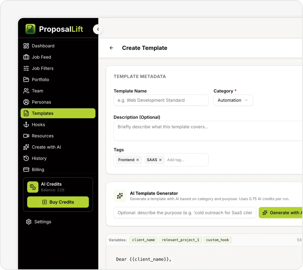ProposalLift app interface showing template creation form with metadata, AI generator, and sidebar menu.