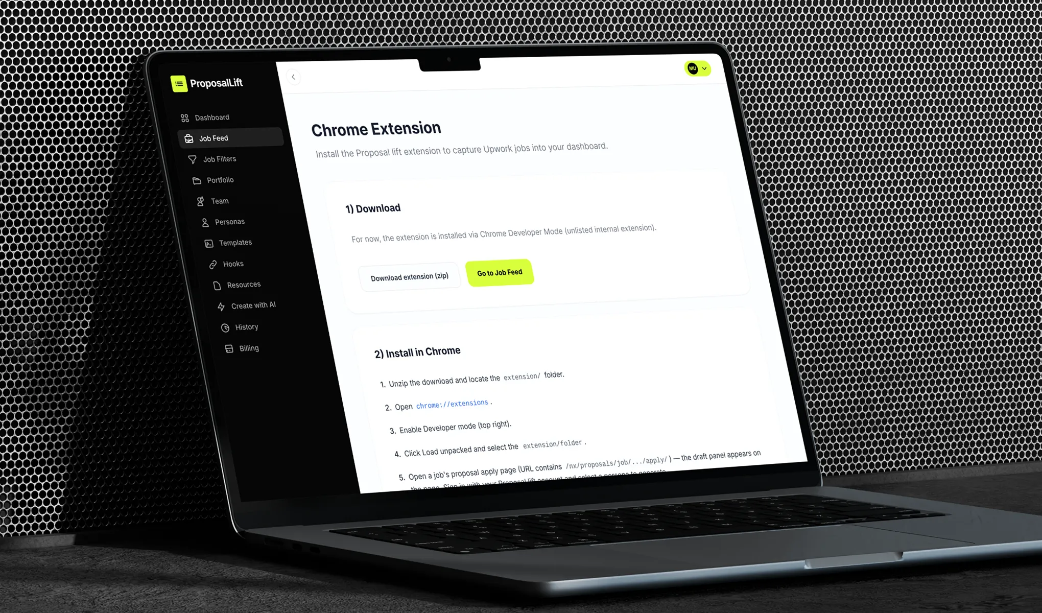 Laptop showing ProposalLift Chrome extension instructions to download and install via Developer Mode.