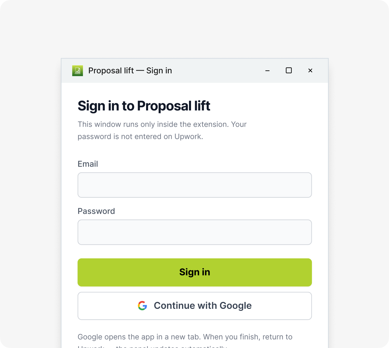 Login window for Proposal lift extension with email and password fields and sign-in options.