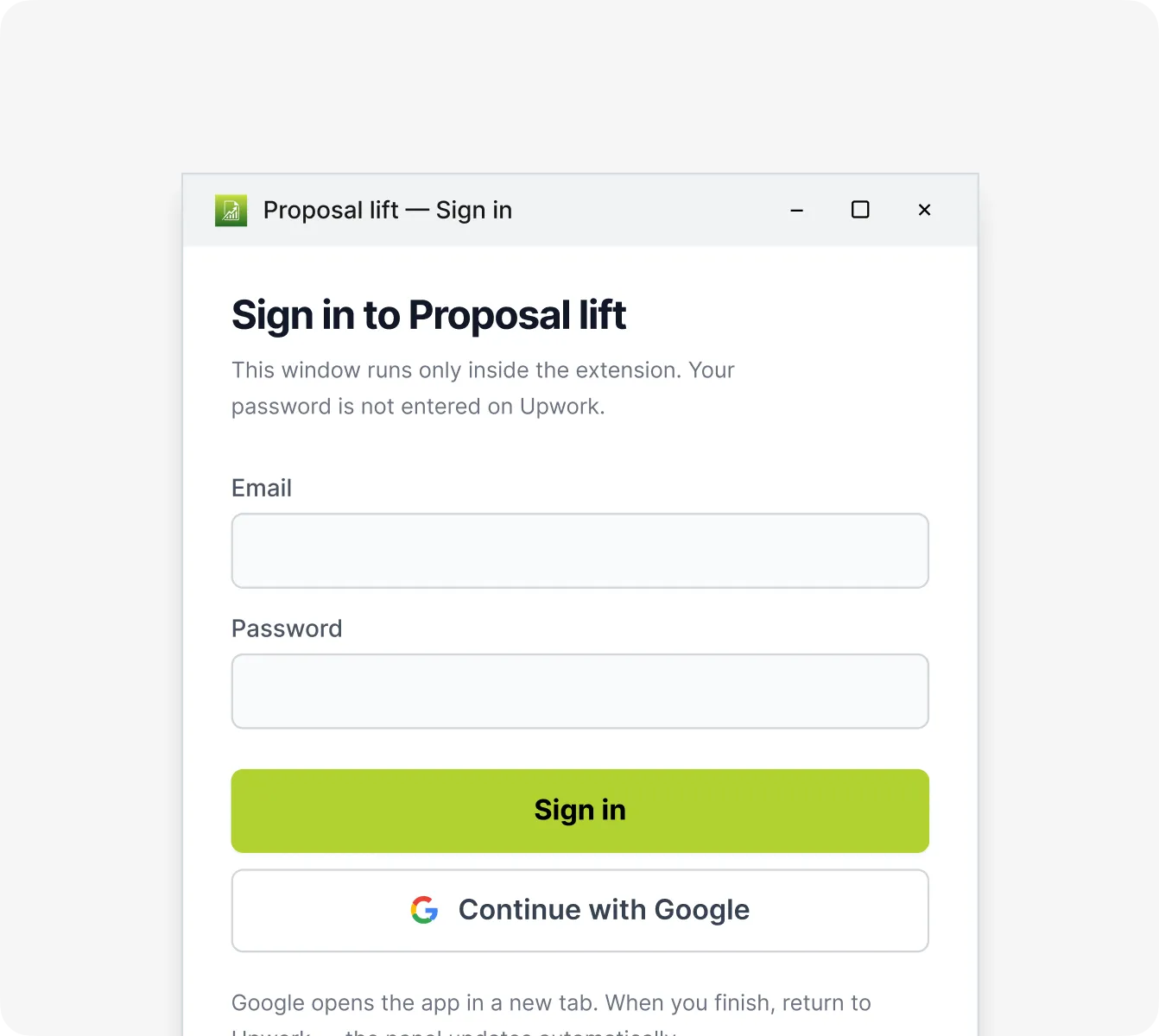 Login window for Proposal lift extension with email and password fields and sign-in options.