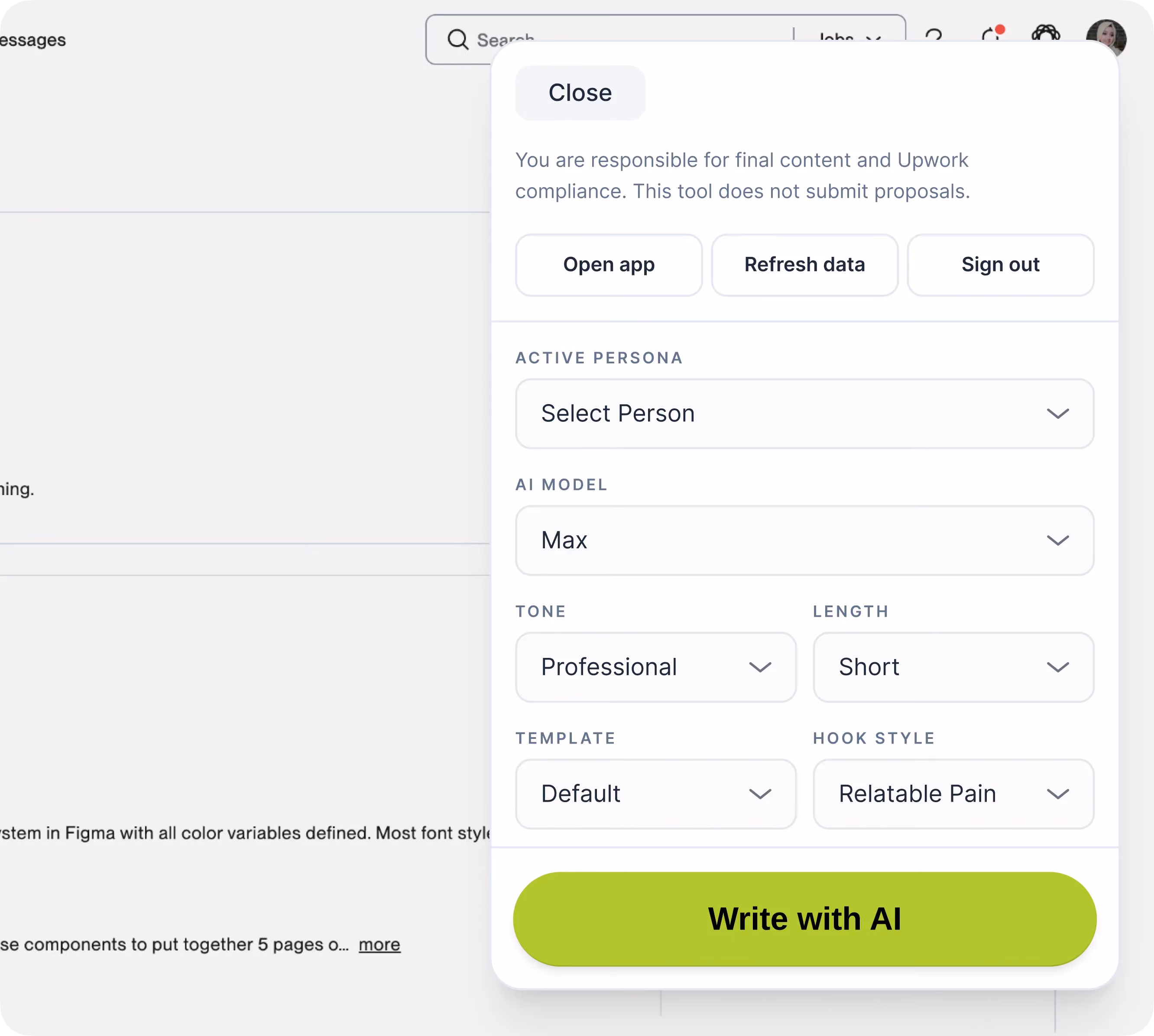 AI app menu with options for persona, AI model, tone, length, template, hook style, and 'Write with AI' button.
