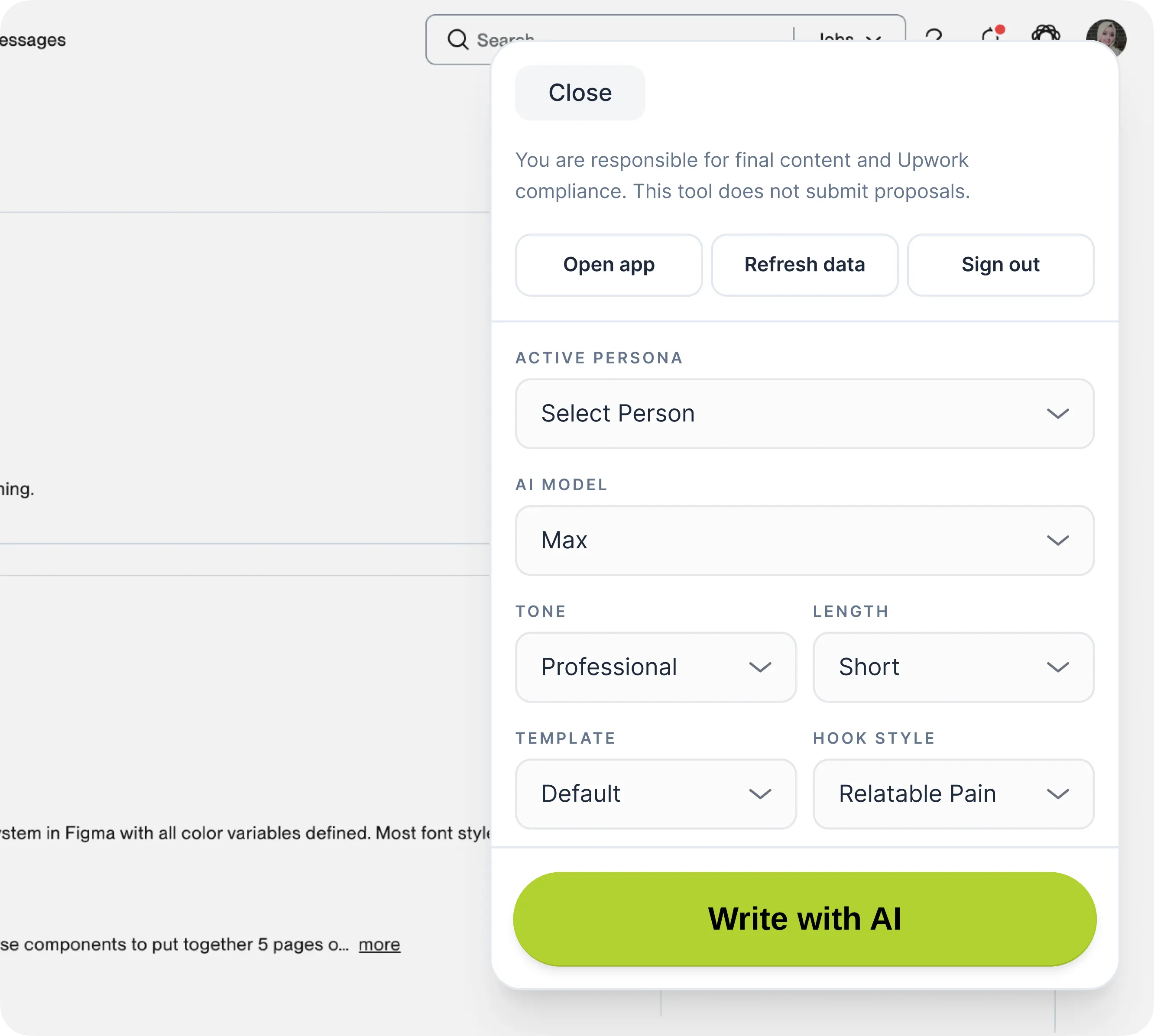 AI app menu with options for persona, AI model, tone, length, template, hook style, and 'Write with AI' button.