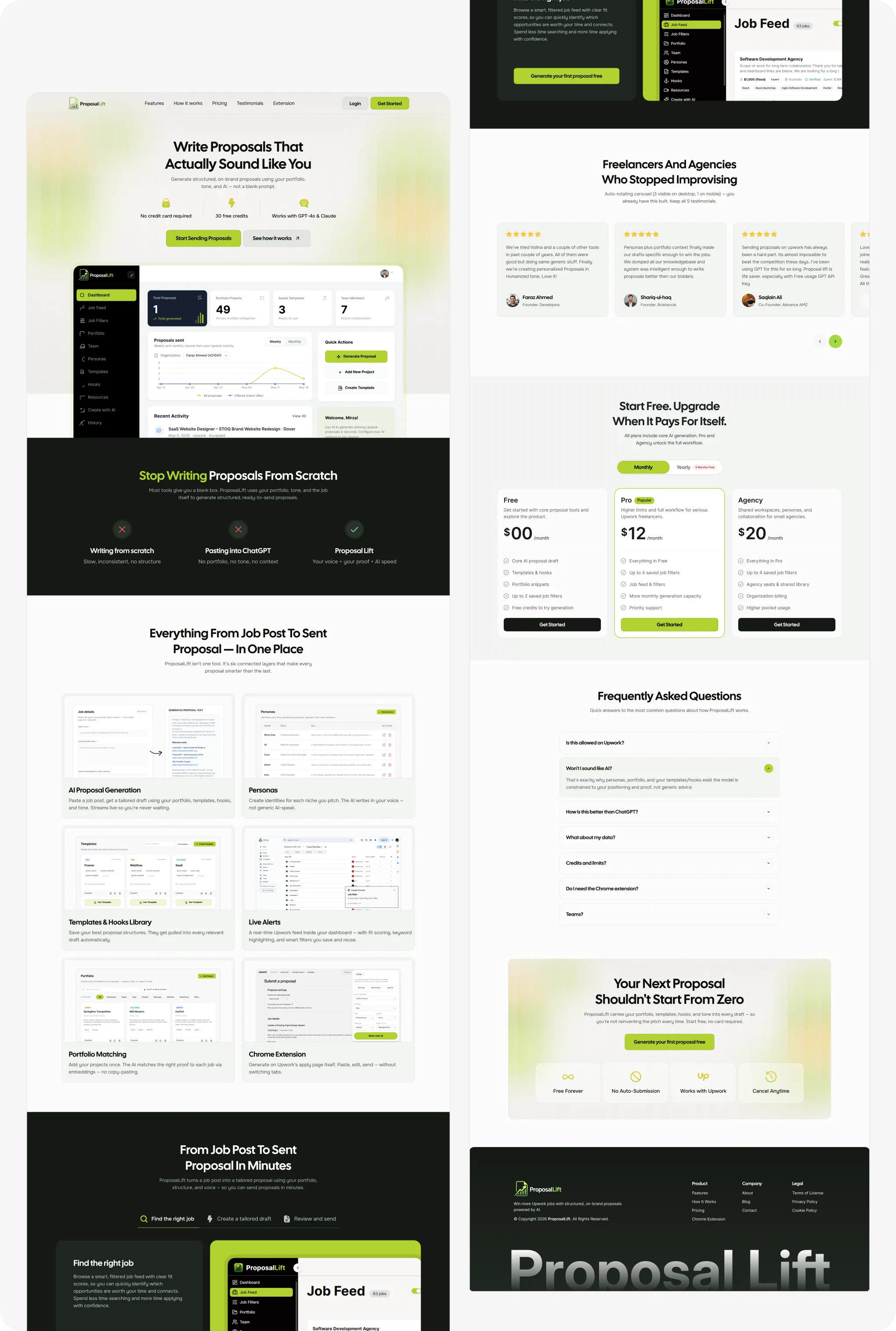 ProposalLift homepage showing AI proposal tool features, pricing plans, testimonials, FAQs, and dashboard preview.