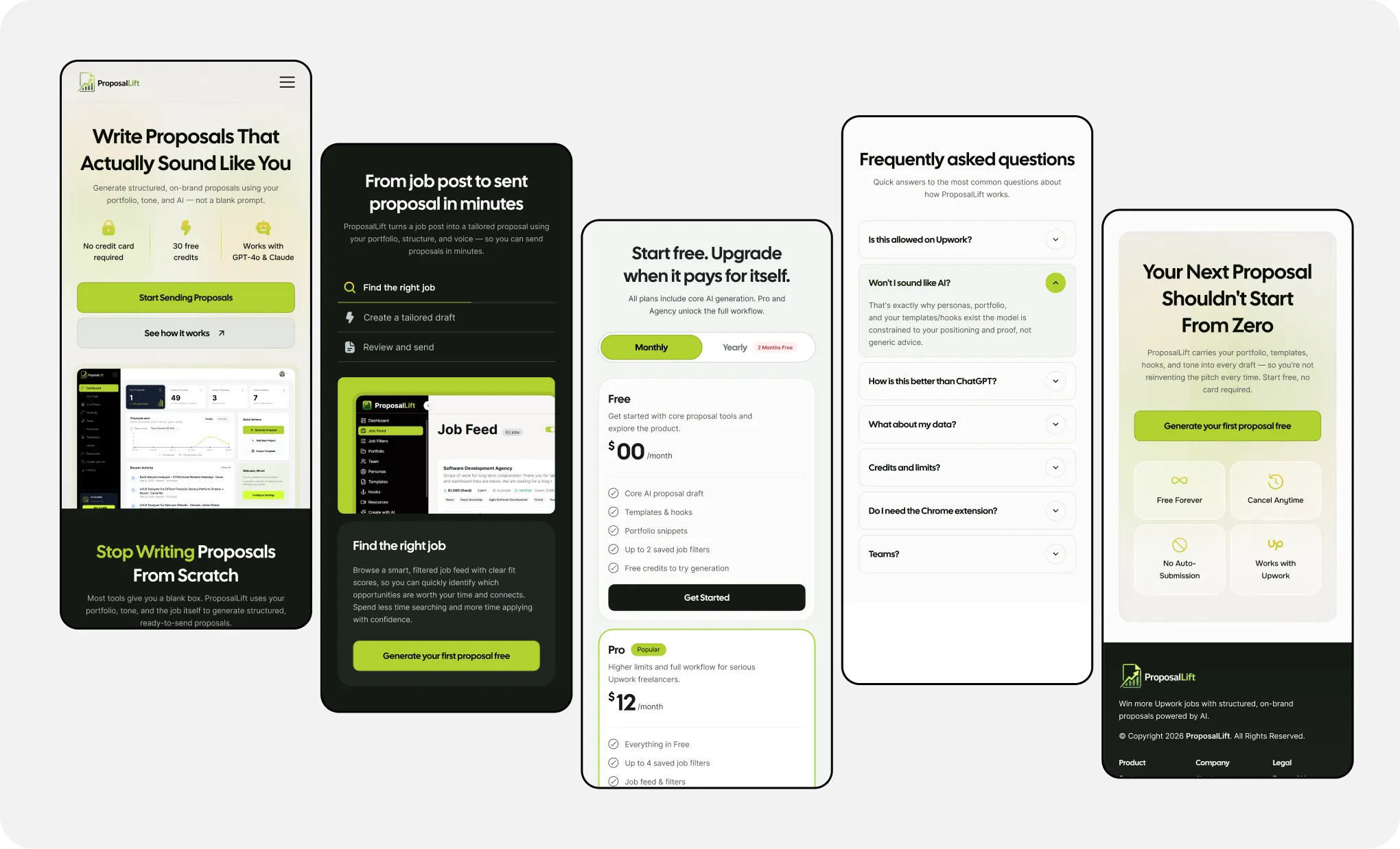 Mobile screens showing ProposalLift app features: proposal writing, job feed, pricing plans, FAQs, and proposal generation.