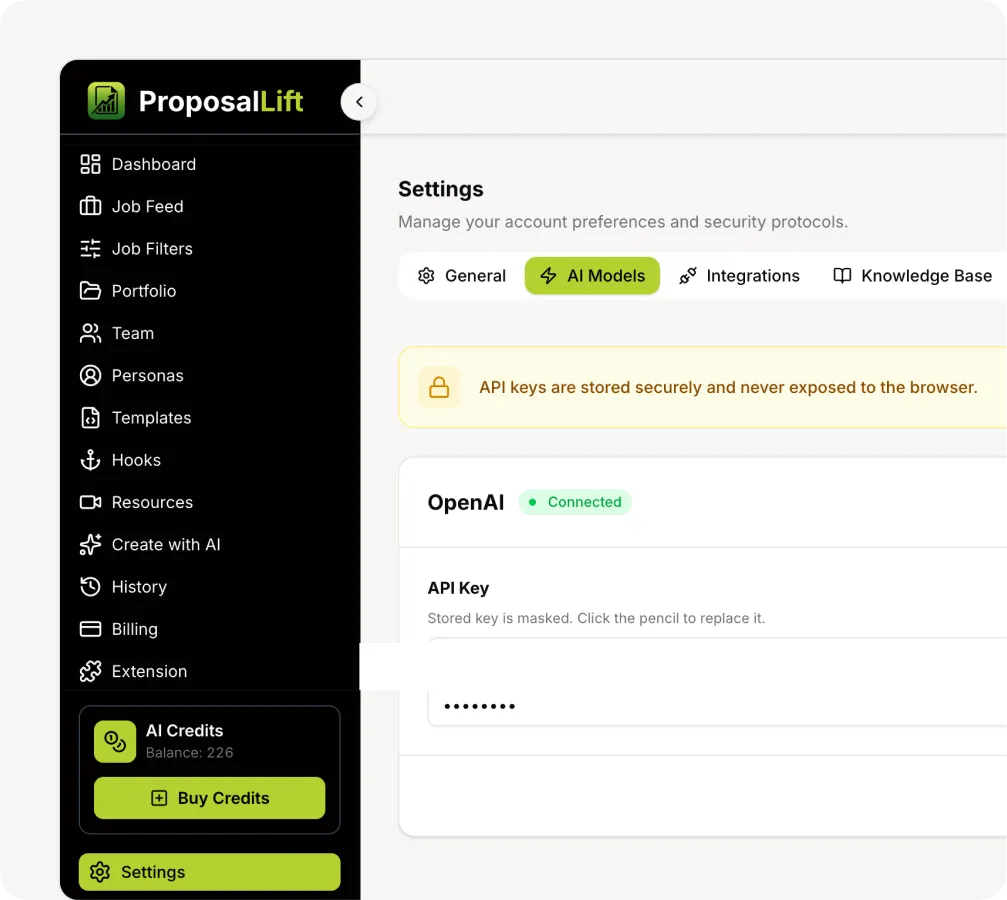 ProposalLift app settings screen focused on AI Models with masked OpenAI API key and AI credits balance.
