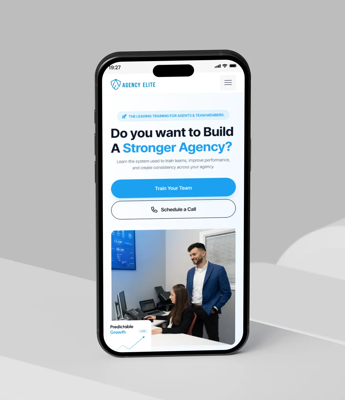 Mobile screen showing Agency Elite site offering team training to build a stronger agency with call scheduling.