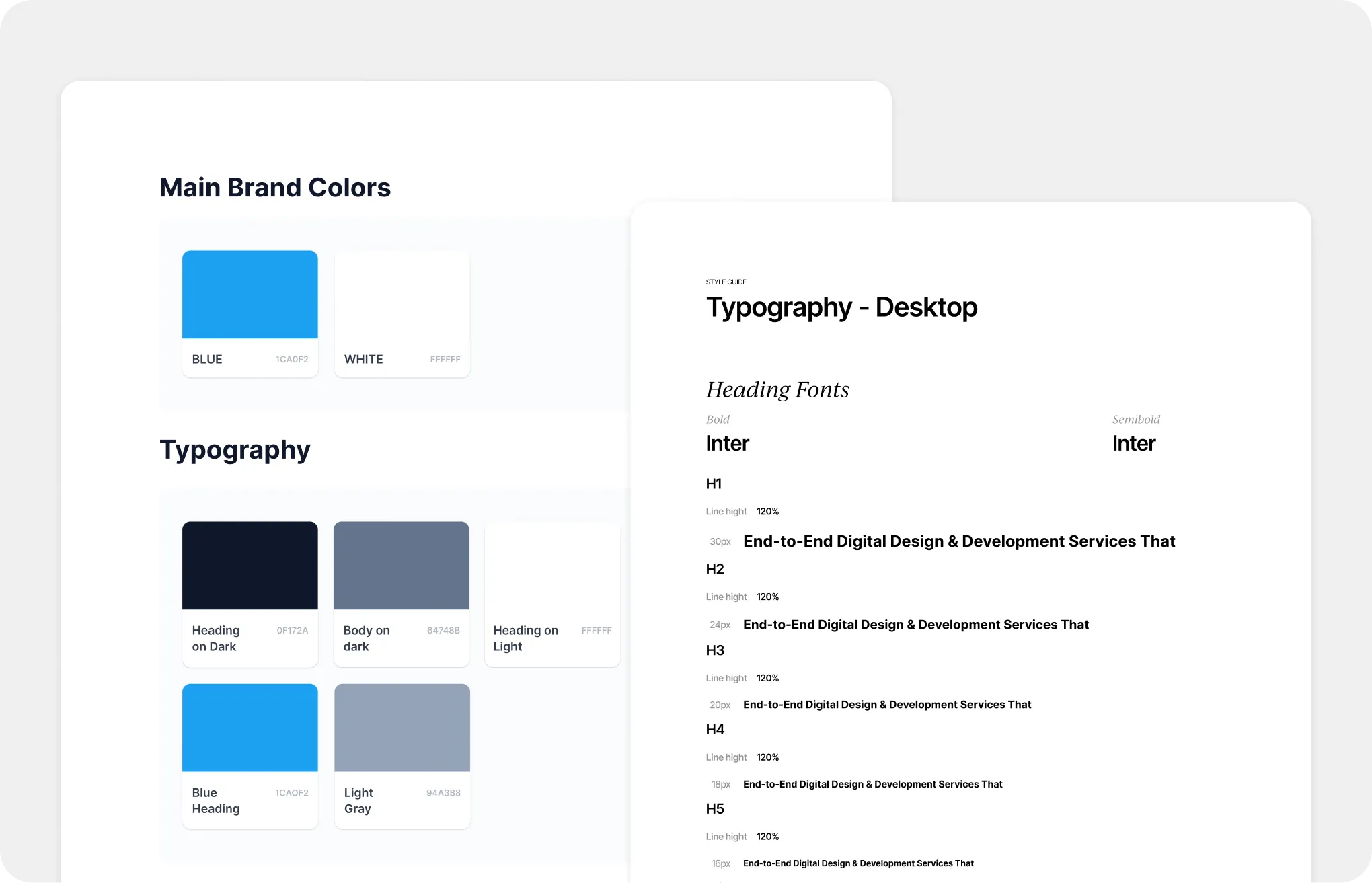 Brand colors blue and white and typography styles showing heading and body font colors and weights.