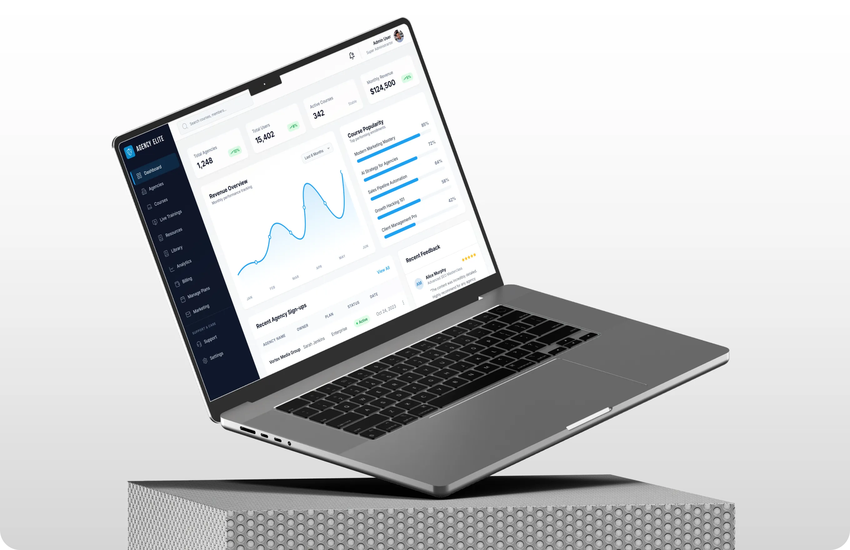 Open laptop showing a dashboard with graphs, course popularity, revenue, and recent feedback.