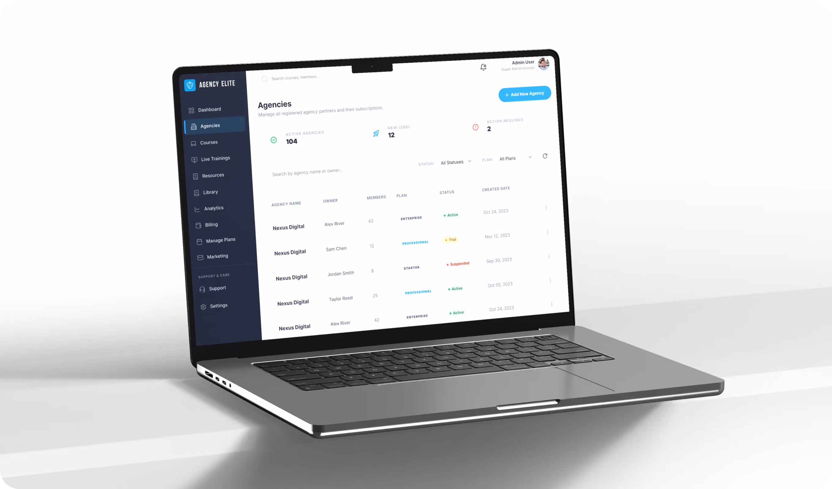 Laptop showing Agency Elite dashboard with agency list, statuses, plans, and owner details.
