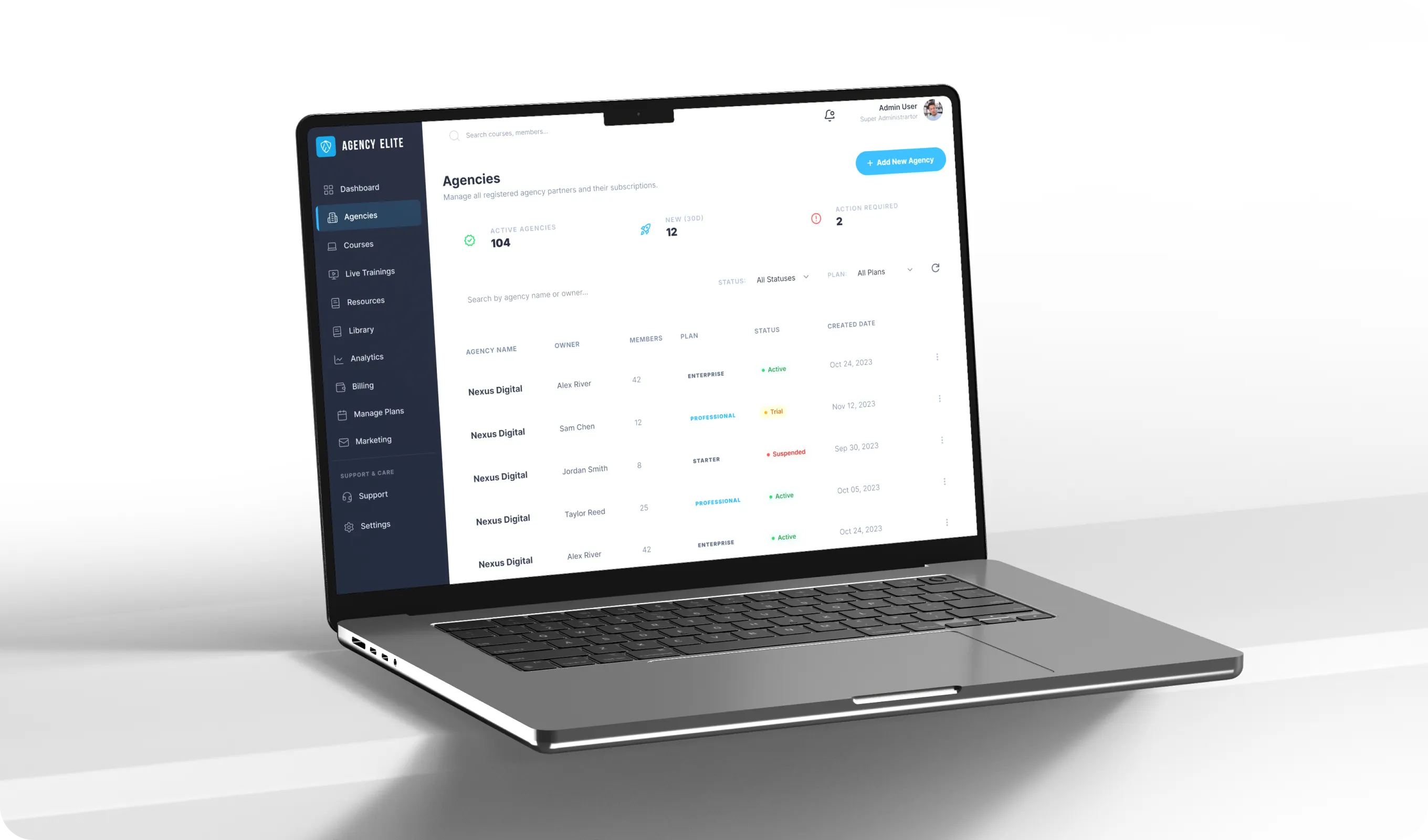 Laptop showing Agency Elite dashboard with agency list, statuses, plans, and owner details.