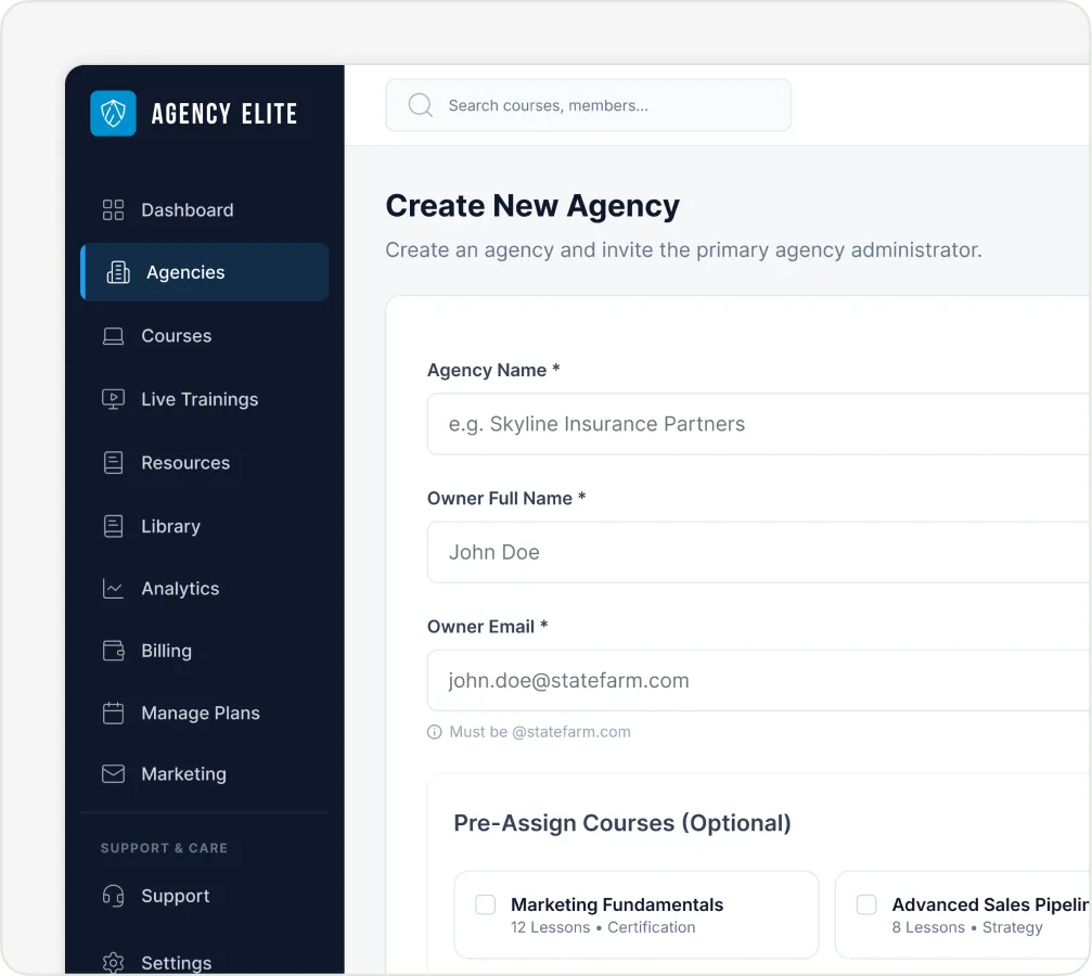 Dashboard interface for creating a new agency with fields for agency name, owner name, and email.