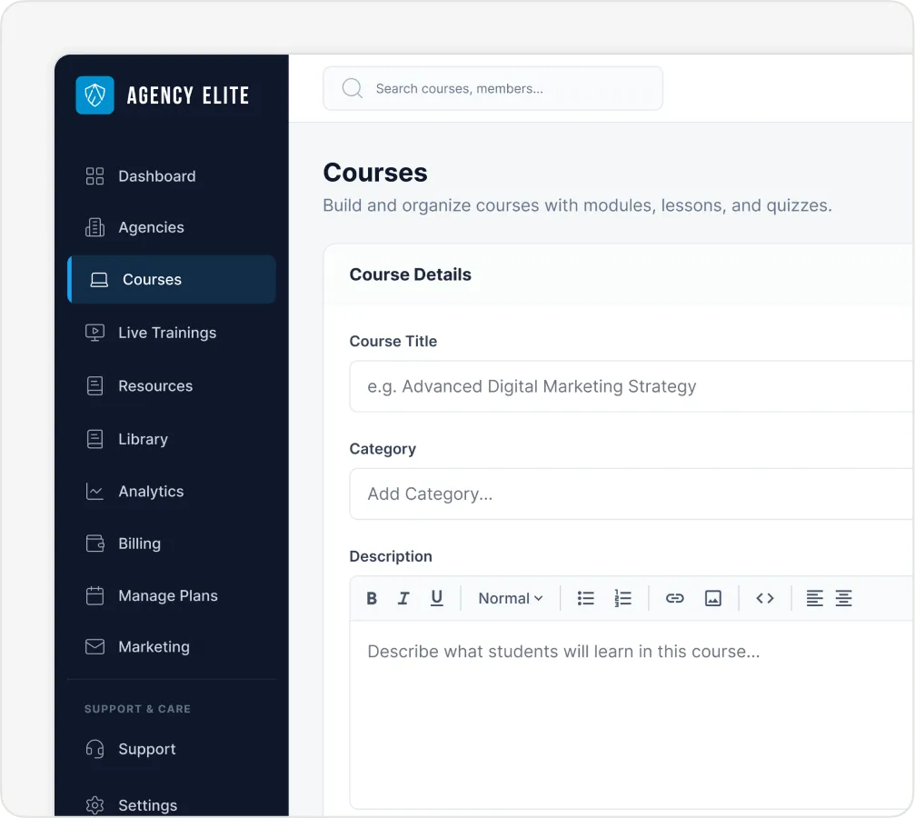 Agency Elite dashboard showing Courses section with fields for course title, category, and description.